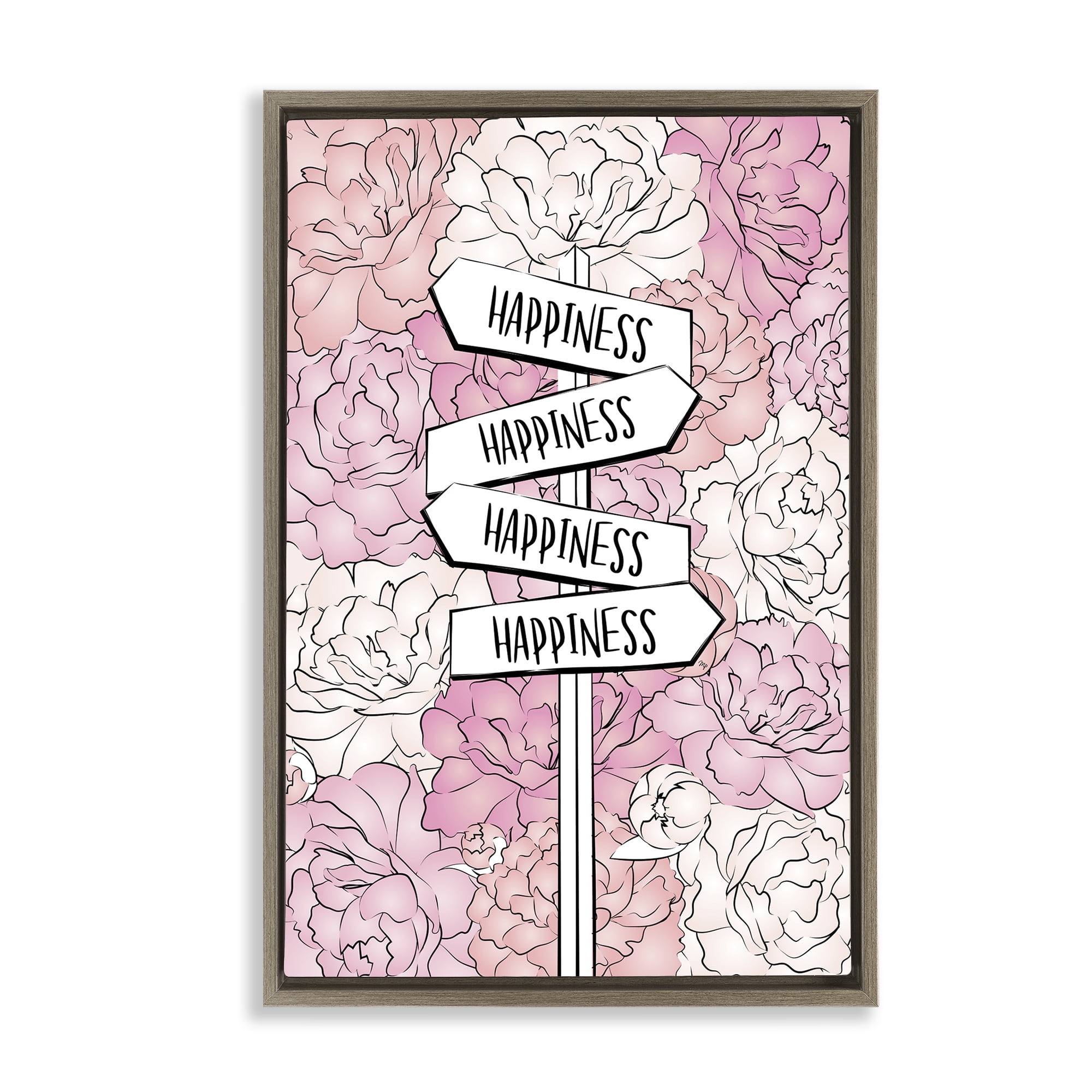 Stupell Industries Happiness Sign on Flowers Beauty & Fashion Painting Brown Floater Framed Art Print Wall Art, 17 x 25