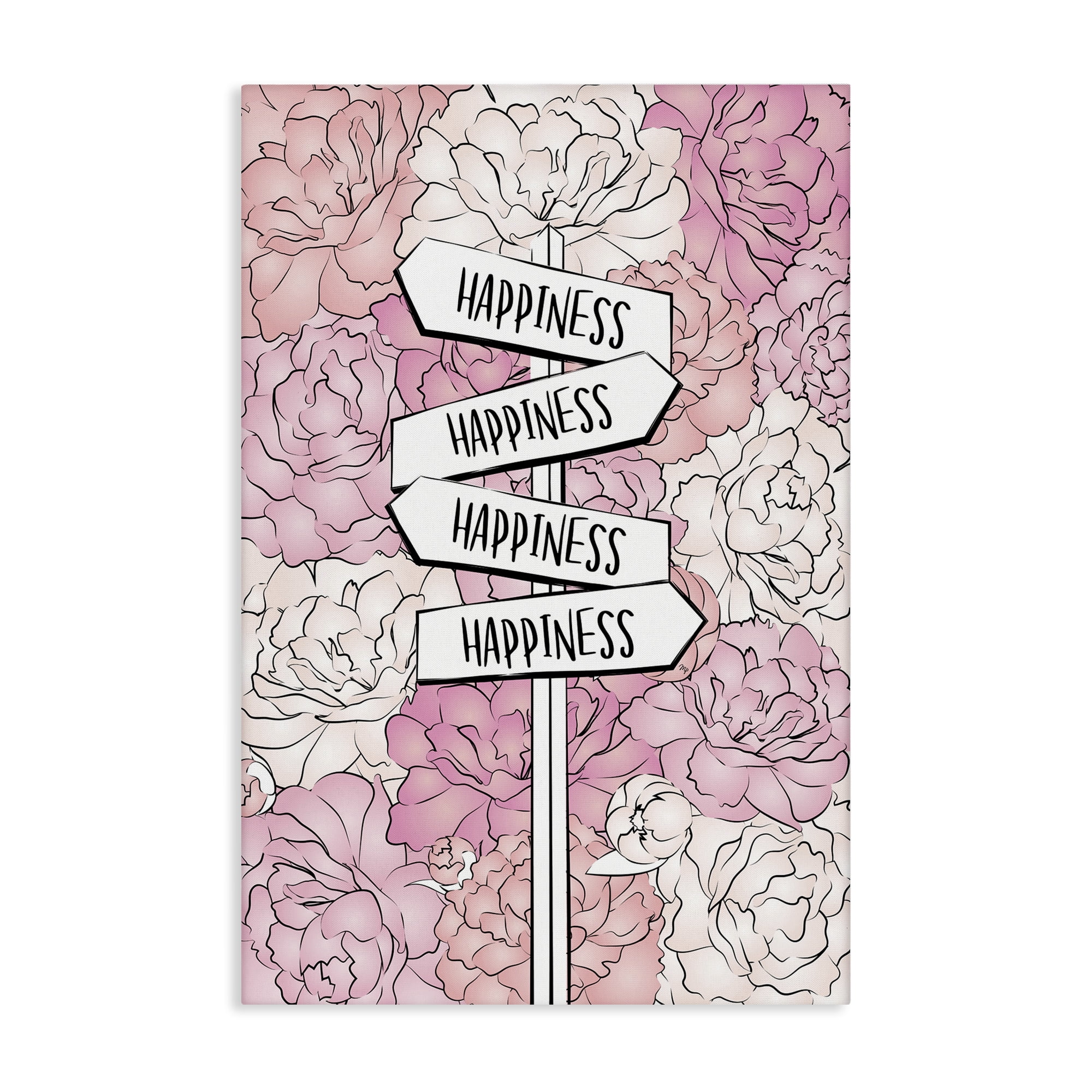 Stupell Industries Happiness Sign on Flowers Beauty & Fashion Painting Gallery Wrapped Canvas Art Print Wall Art, 20 x 30