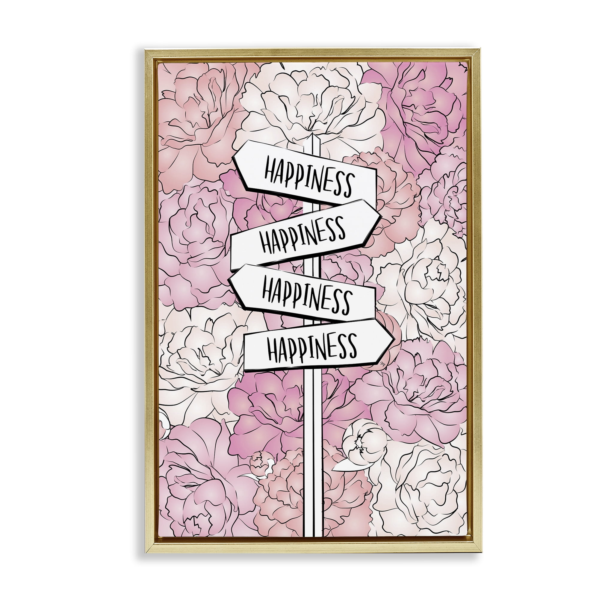 Stupell Industries Happiness Sign on Flowers Beauty & Fashion Painting Gold Floater Framed Art Print Wall Art, 17 x 25