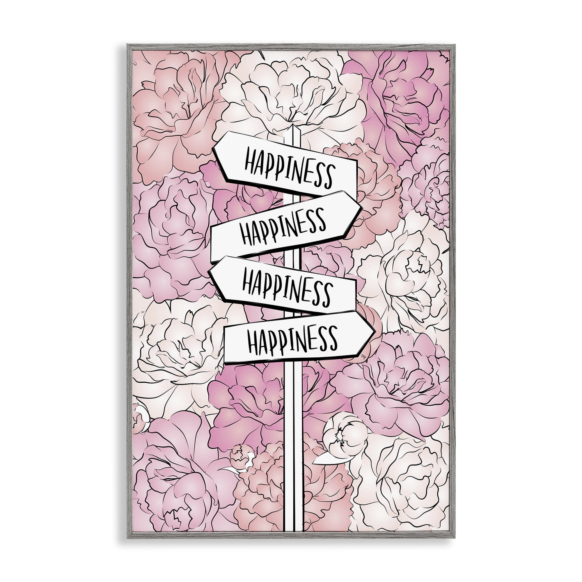Stupell Industries Happiness Sign on Flowers Beauty & Fashion Painting Gray Framed Art Print Wall Art, 12 x 18