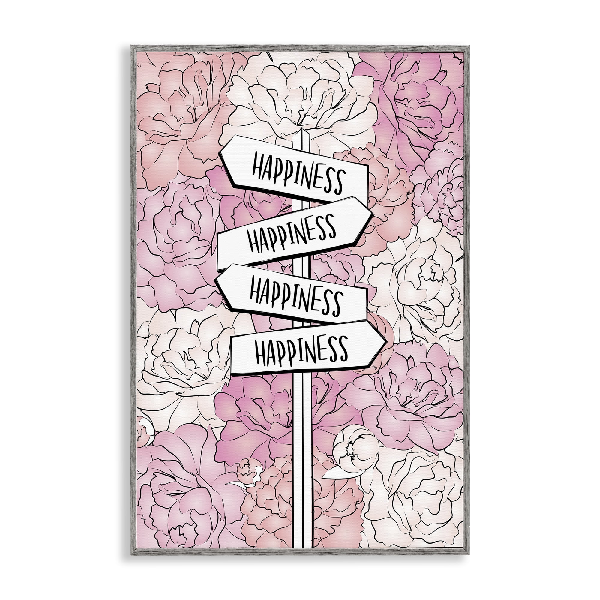 Stupell Industries Happiness Sign on Flowers Beauty & Fashion Painting Gray Framed Art Print Wall Art, 16 x 24