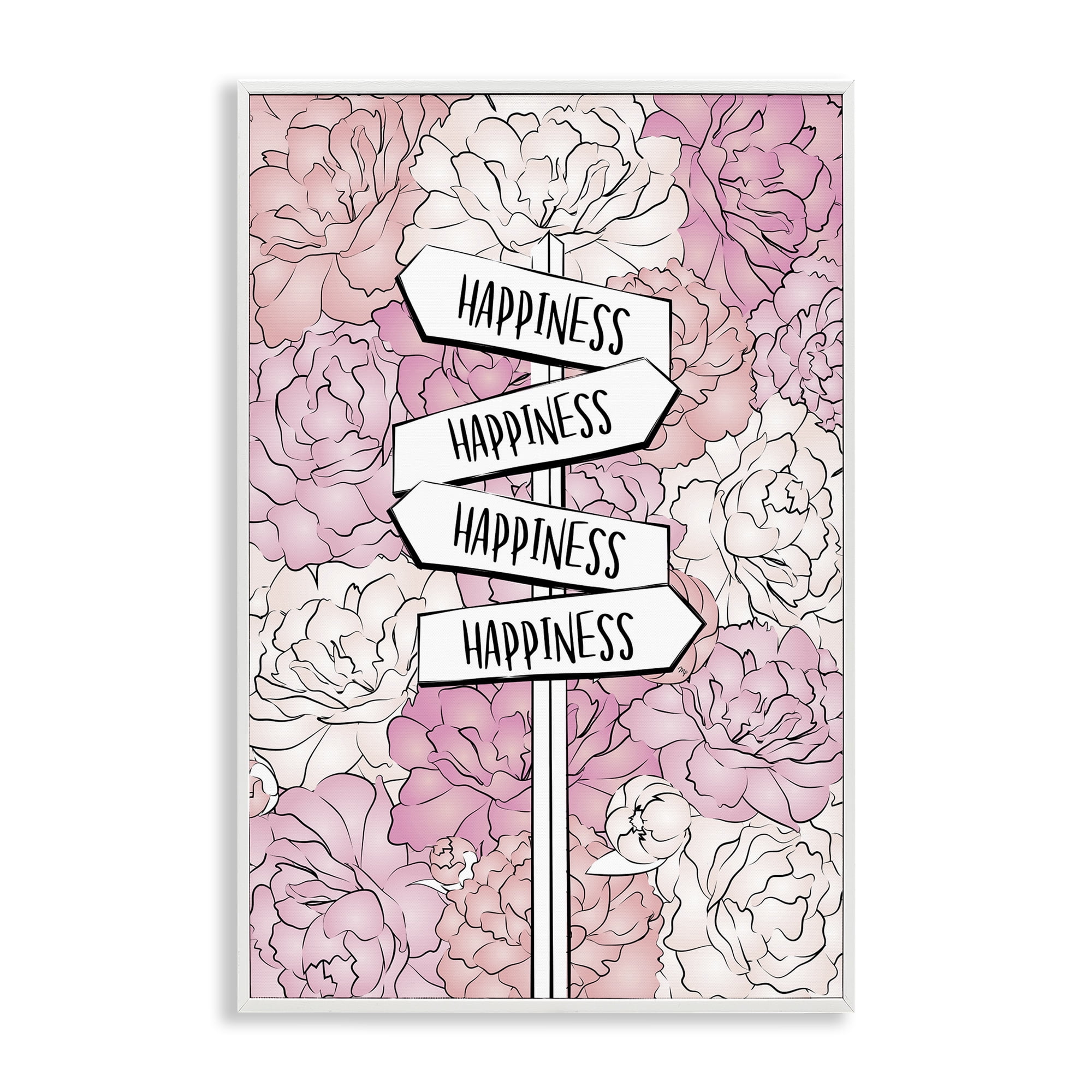 Stupell Industries Happiness Sign on Flowers Beauty & Fashion Painting White Framed Art Print Wall Art, 16 x 24