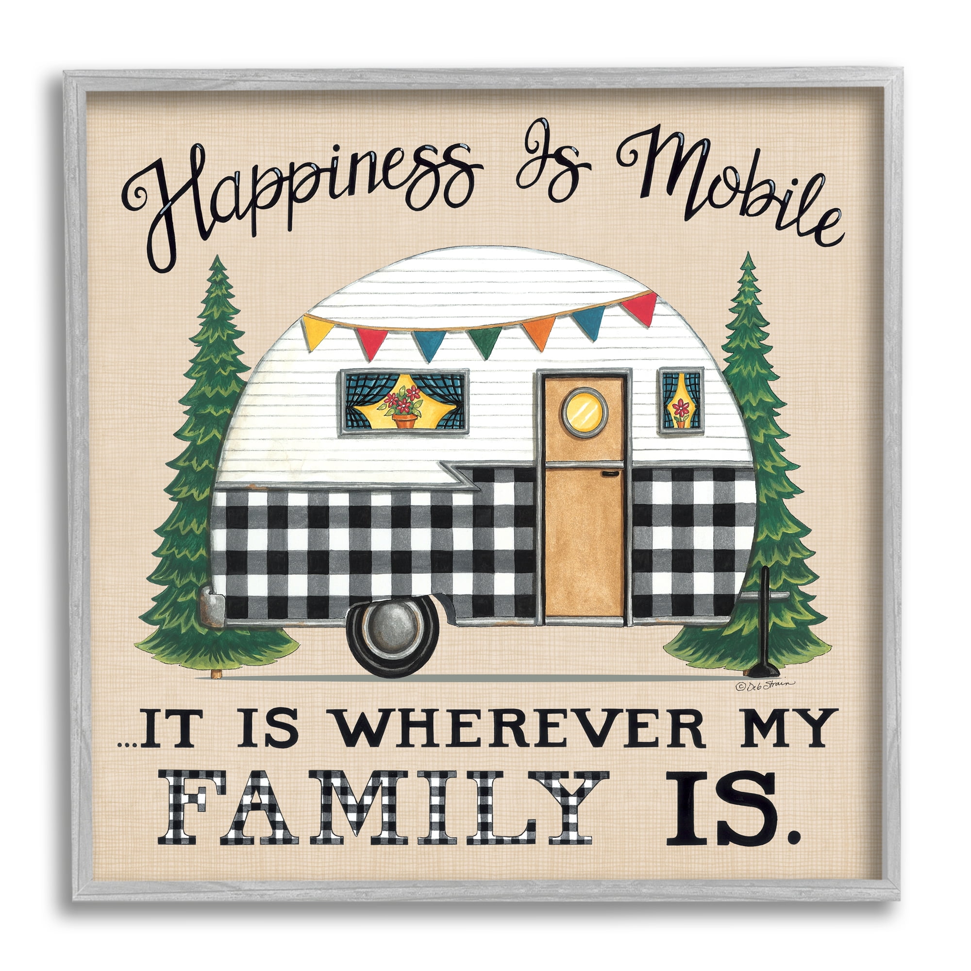 Stupell Industries Happiness Where Family Is Uplifting Plaid Camping Van Graphic Art Gray Framed Art Print Wall Art, Design by Deb Strain