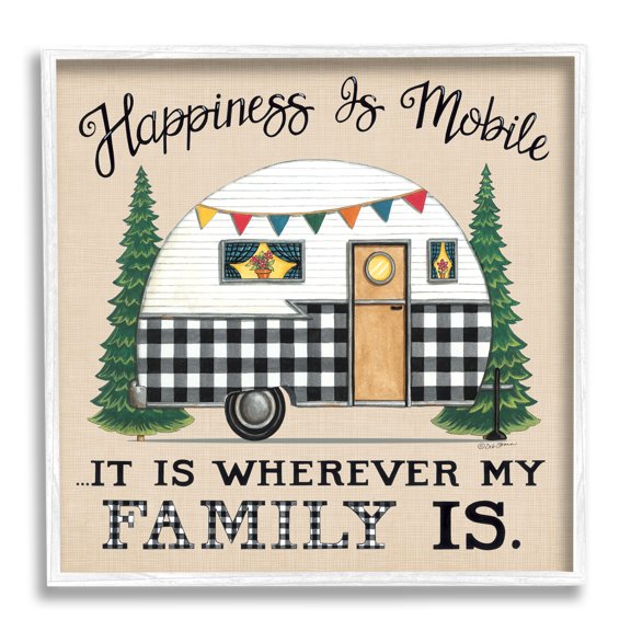 Stupell Industries Happiness Where Family Is Uplifting Plaid Camping Van Graphic Art White Framed Art Print Wall Art, Design by Deb Strain