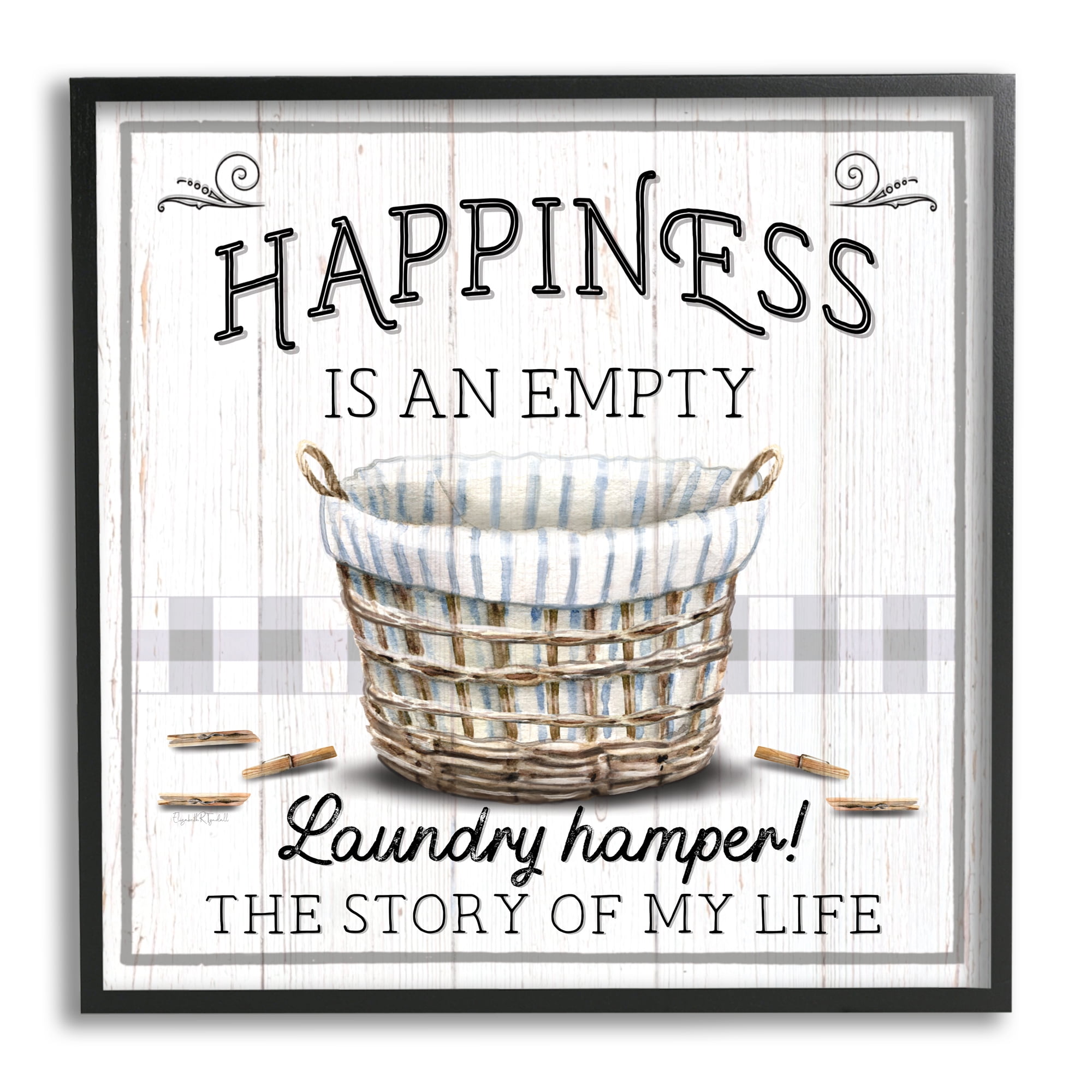 Stupell Industries Happiness is Empty Laundry Basket Typography Painting Black Framed Art Print Wall Art, 12 x 12