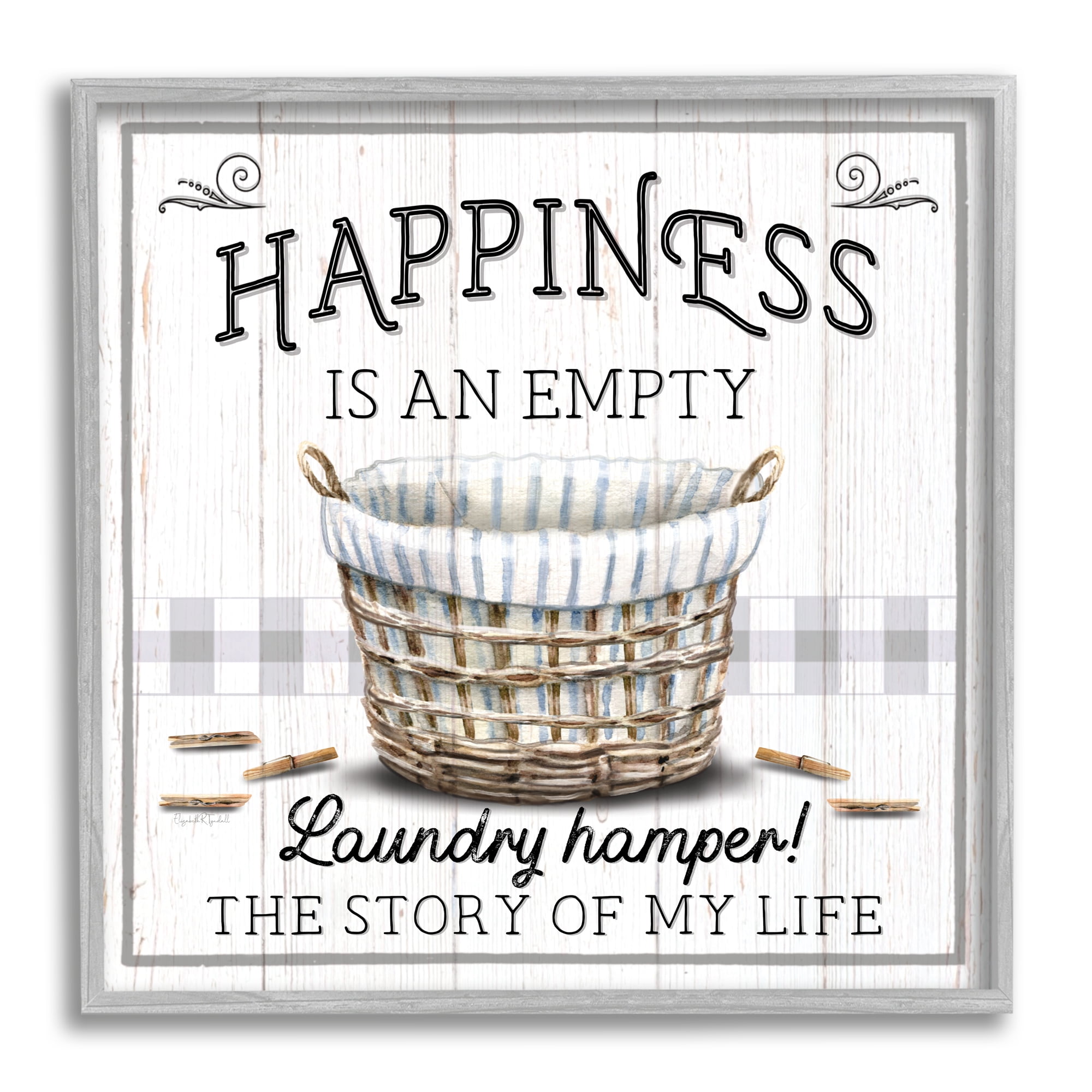 Stupell Industries Happiness is Empty Laundry Basket Typography Painting Gray Framed Art Print Wall Art, 12 x 12