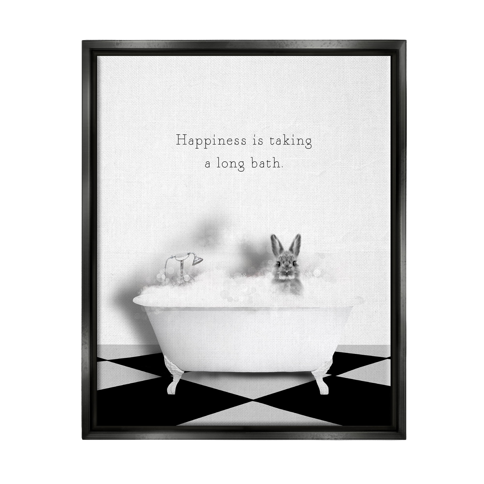 Stupell Industries Happiness is Long Bath Bunny Animals & Insects Painting Black Floater Framed Canvas Art Print Wall Art, 17 x 21