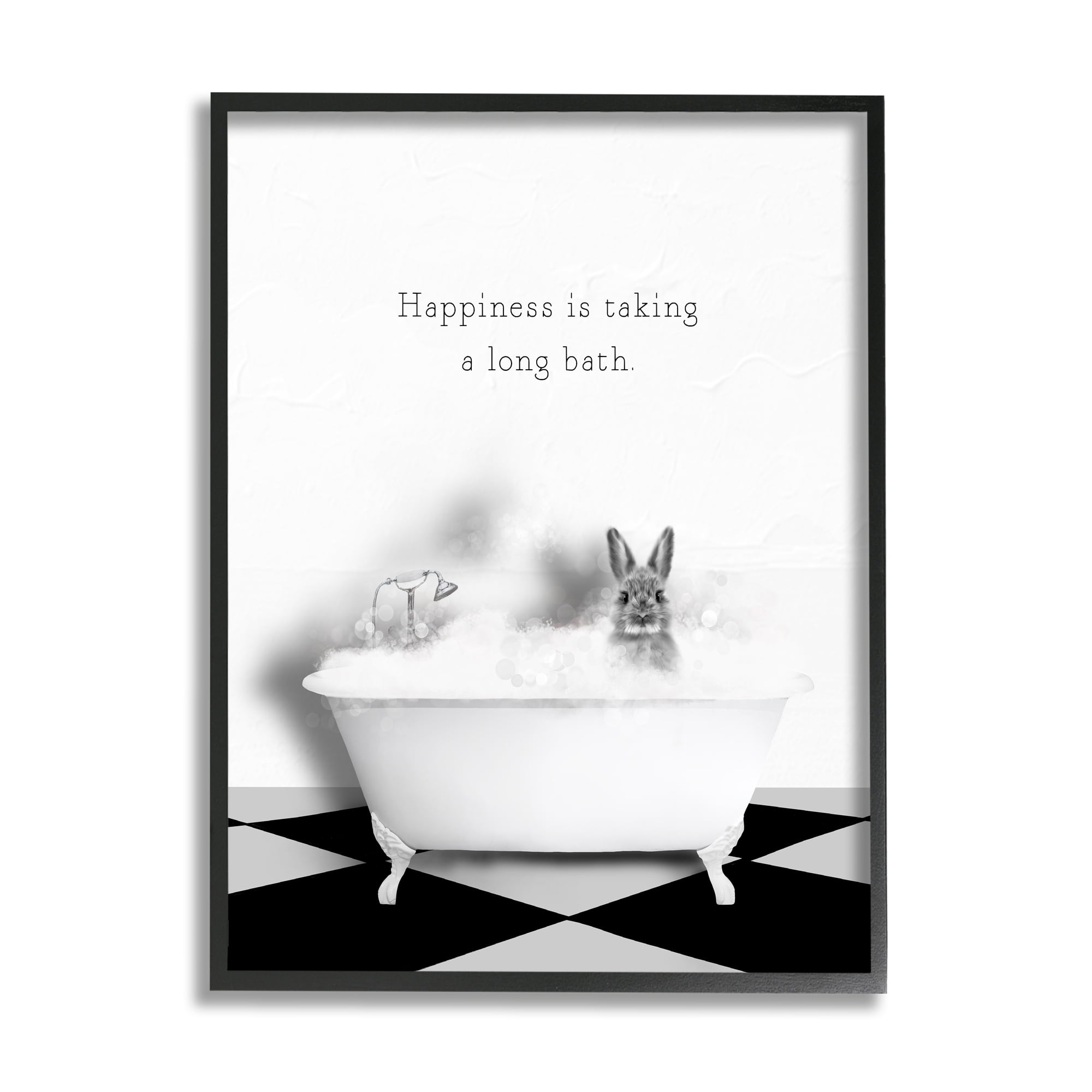 Stupell Industries Happiness is Long Bath Bunny Animals & Insects Painting Black Framed Art Print Wall Art, 16 x 20