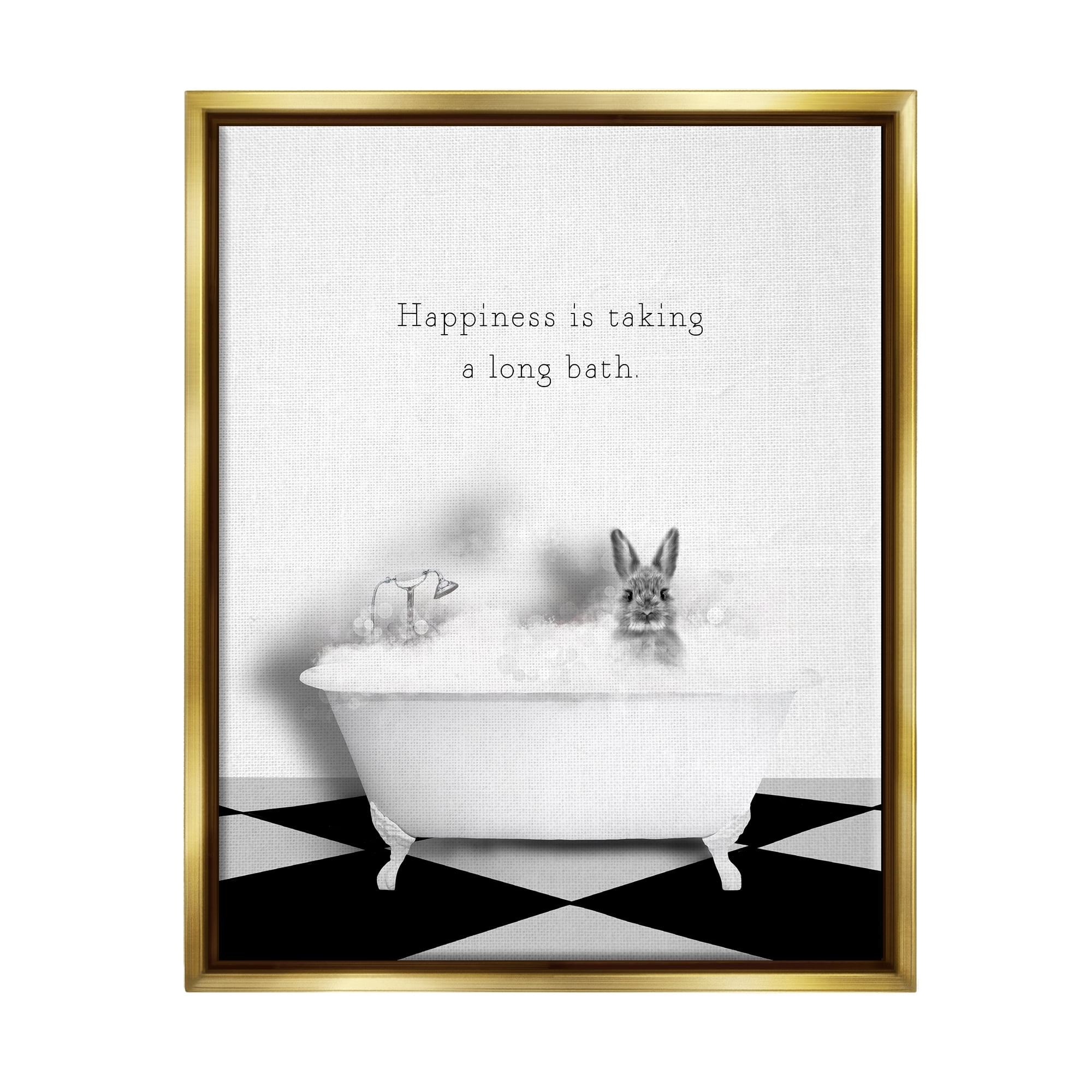 Stupell Industries Happiness is Long Bath Bunny Animals & Insects Painting Gold Floater Framed Canvas Art Print Wall Art, 17 x 21