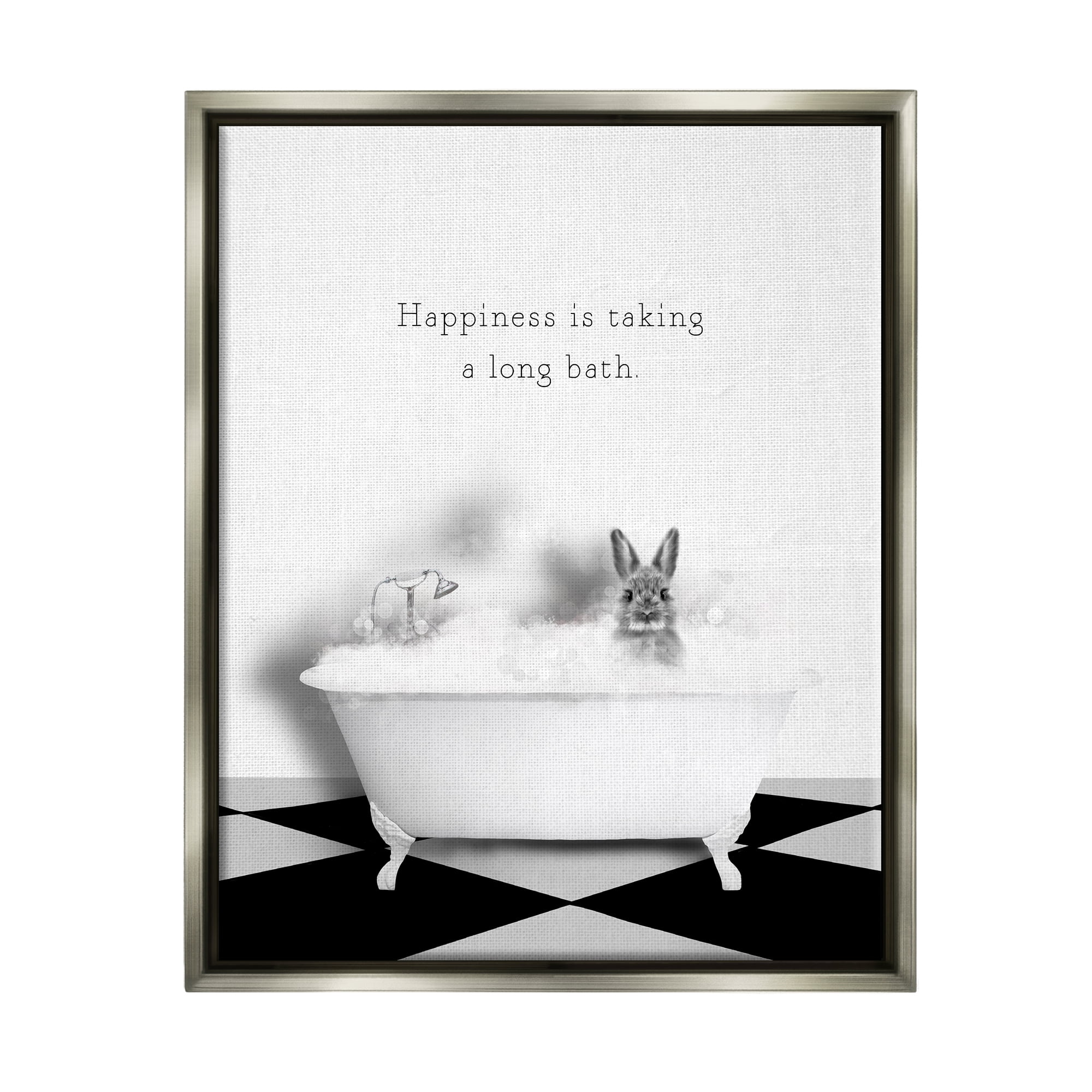 Stupell Industries Happiness is Long Bath Bunny Animals & Insects Painting Gray Floater Framed Canvas Art Print Wall Art, 17 x 21