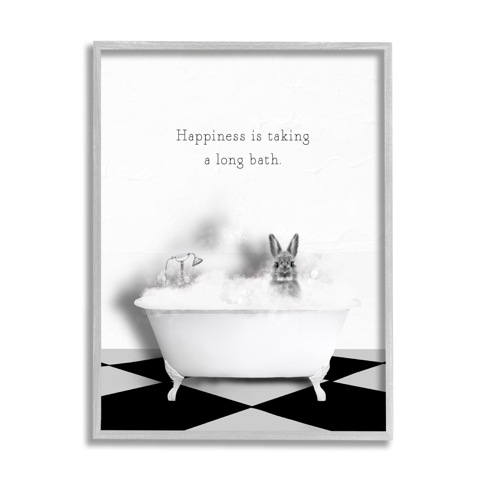 Stupell Industries Happiness is Long Bath Bunny Animals & Insects Painting Gray Framed Art Print Wall Art, 24 x 30
