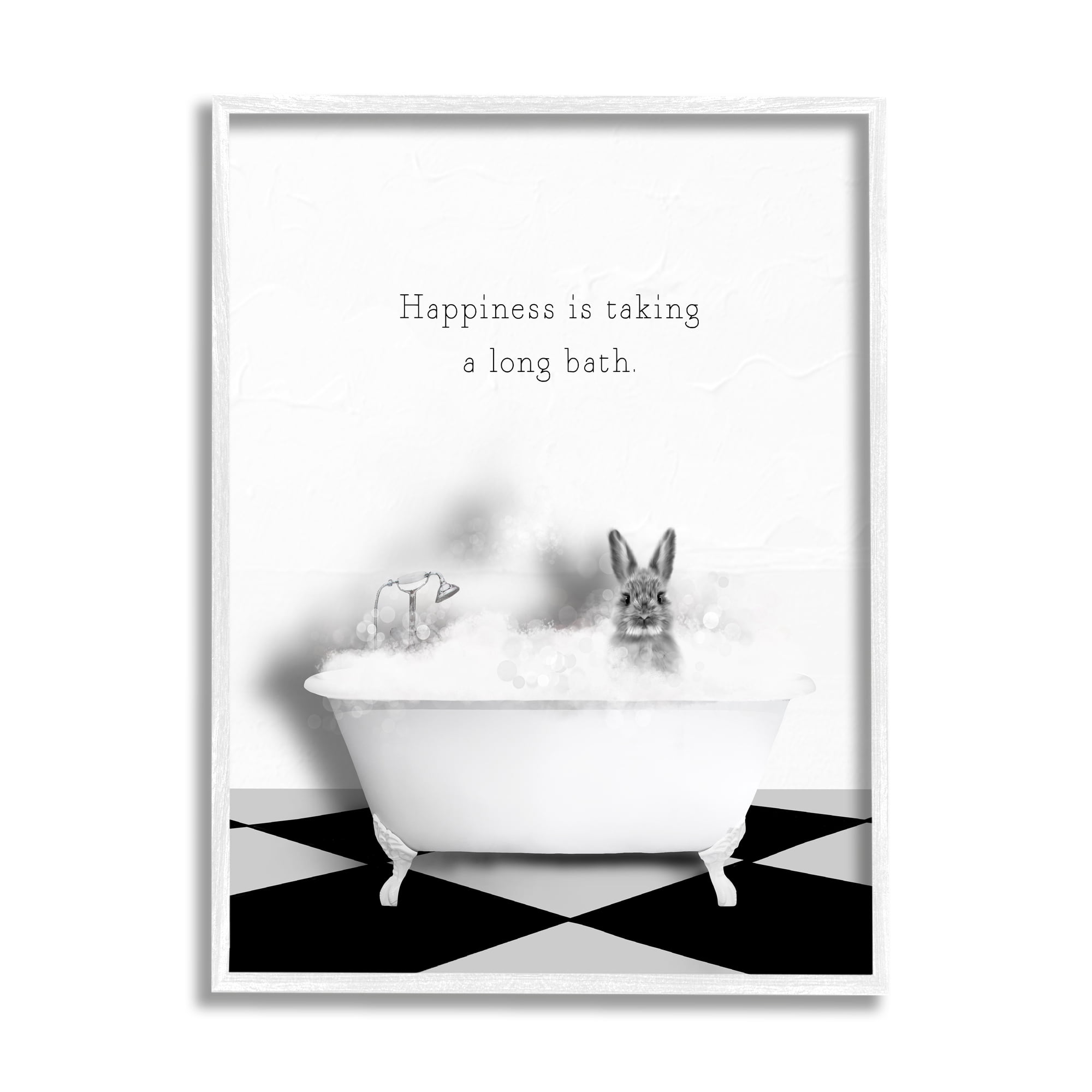Stupell Industries Happiness is Long Bath Bunny Animals & Insects Painting White Framed Art Print Wall Art, 24 x 30