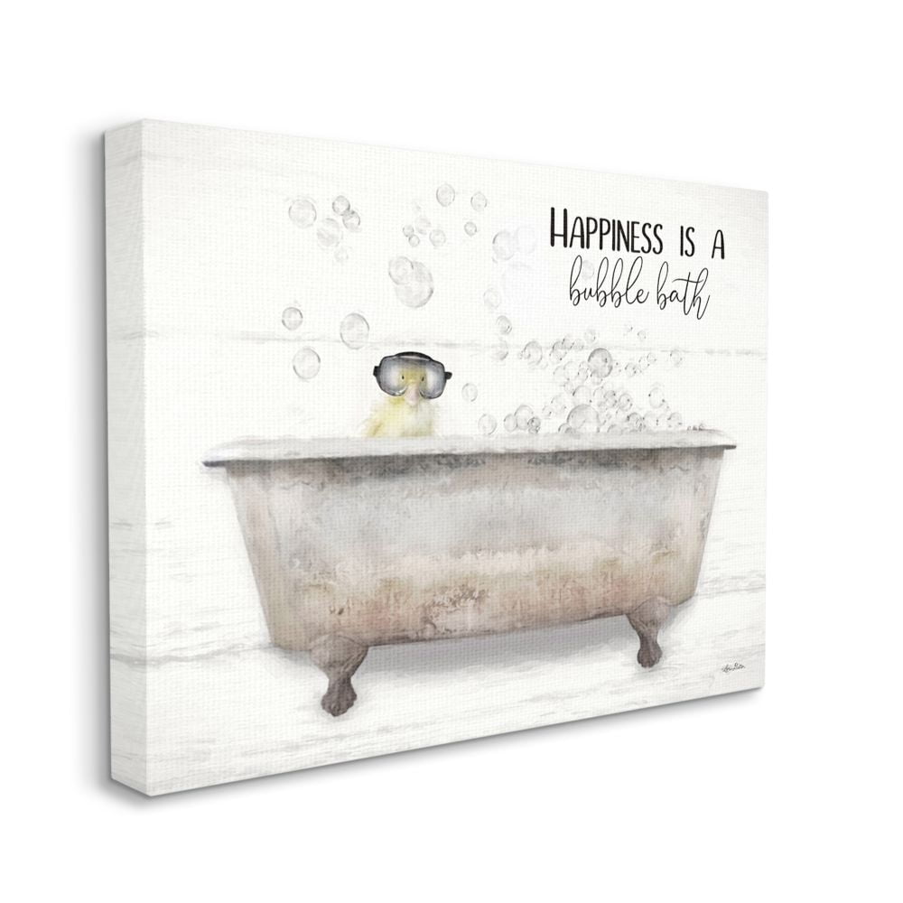Stupell Industries Happiness is a Bubble Bath Quote Bathroom Tub Chick Animals & Insects Painting Gallery Wrapped Canvas Art Print Wall Art, 24 x 30