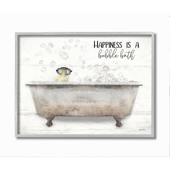 Stupell Industries Happiness is a Bubble Bath Quote Bathroom Tub Chick Framed Wall Art Design by Lori Deiter, 11" x 14", Gray Framed
