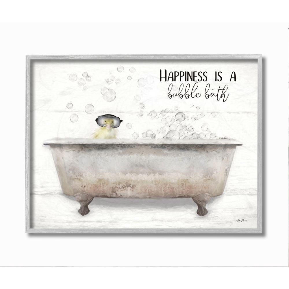 Stupell Industries Happiness is a Bubble Bath Quote Bathroom Tub Chick Framed Wall Art Design by Lori Deiter, 16" x 20", Gray Framed