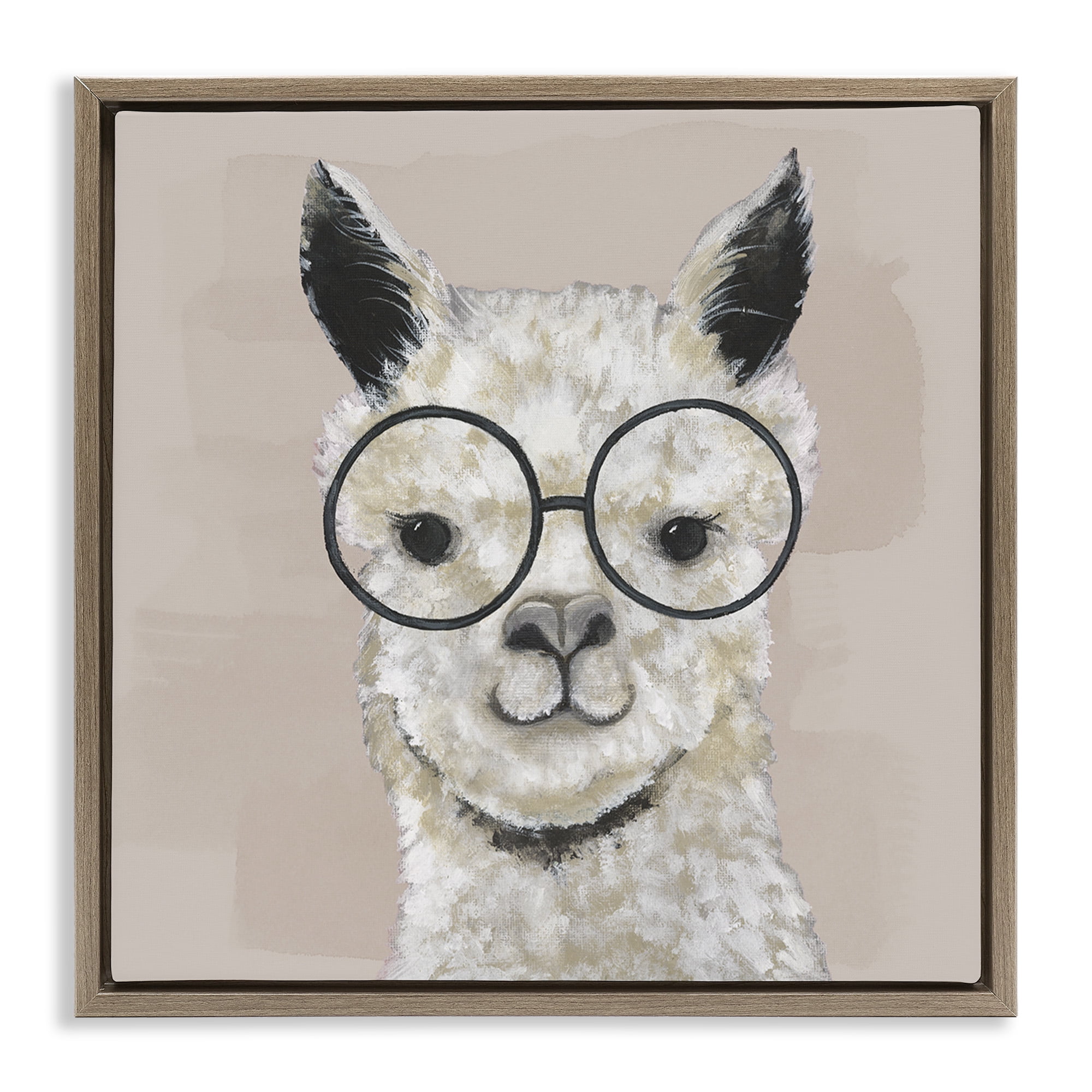Stupell Industries Happy Alpaca Glasses Portrait Animals & Insects Painting Brown Floater Framed Canvas Art Print Wall Art, 18 x 18