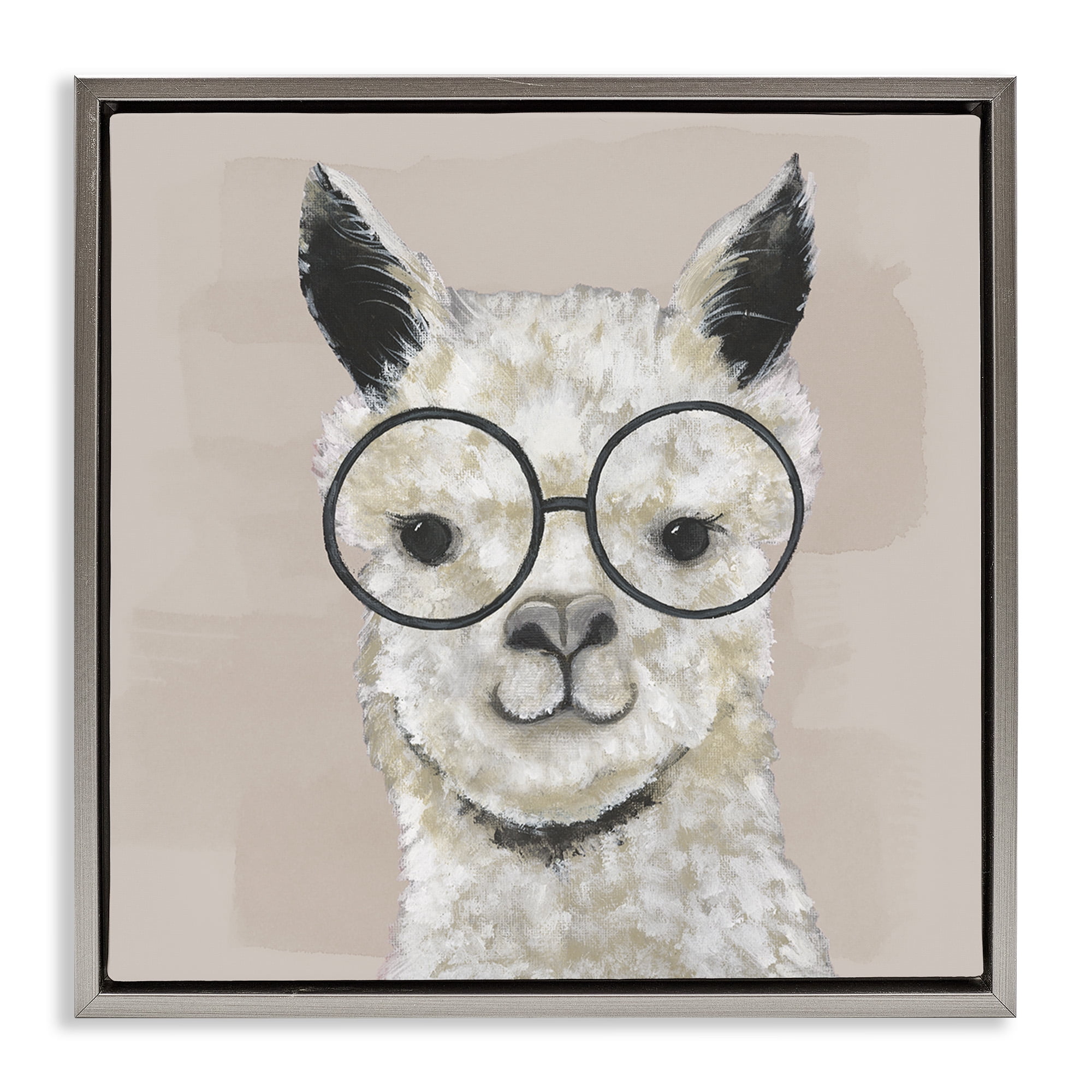 Stupell Industries Happy Alpaca Glasses Portrait Animals & Insects Painting Gray Floater Framed Canvas Art Print Wall Art, 18 x 18