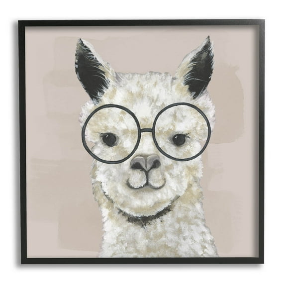 Stupell Industries Happy Alpaca Glasses Portrait Graphic Art Black Framed Art Print Wall Art, Design by Tava Studios