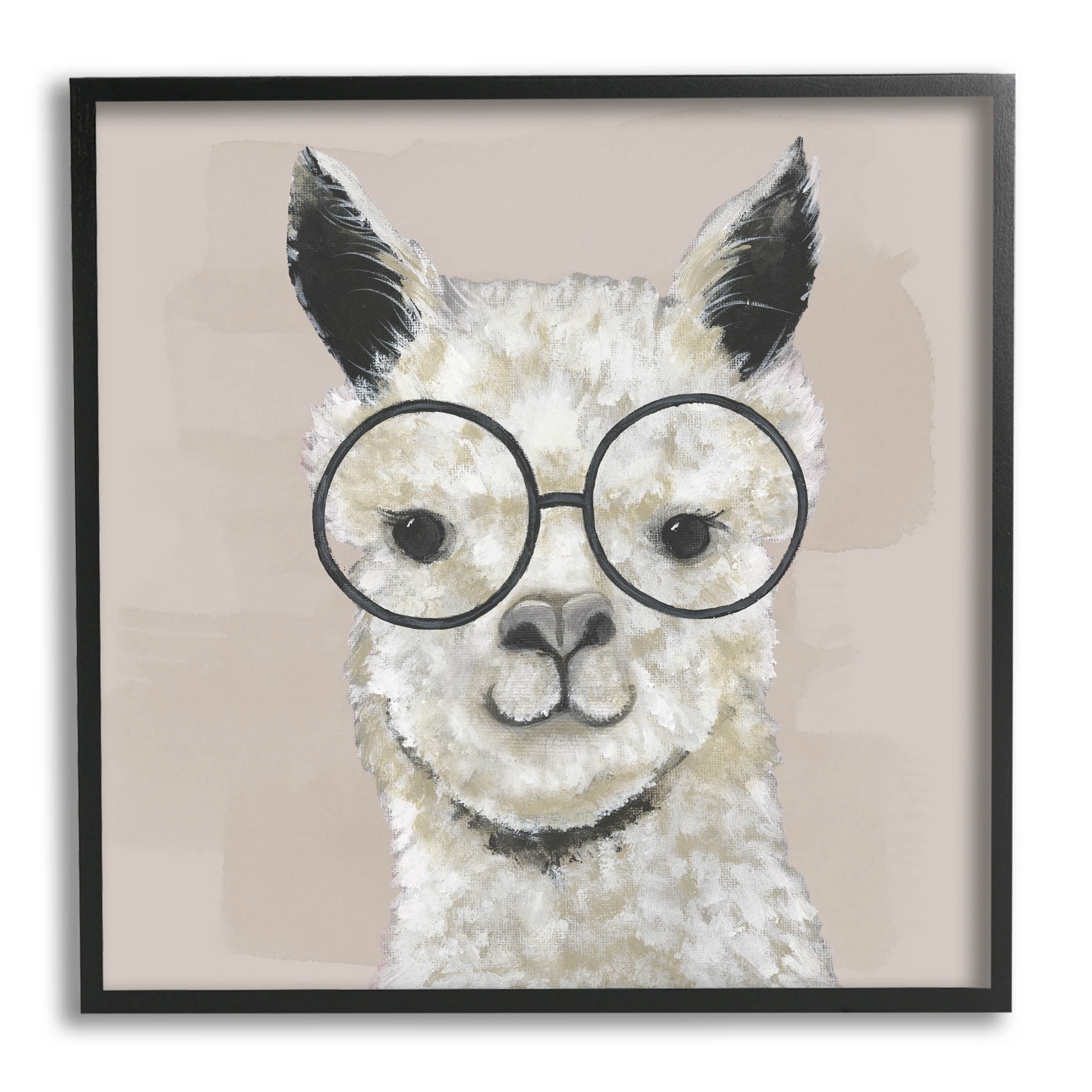 Stupell Industries Happy Alpaca Glasses Portrait Graphic Art Black Framed Art Print Wall Art, Design by Tava Studios