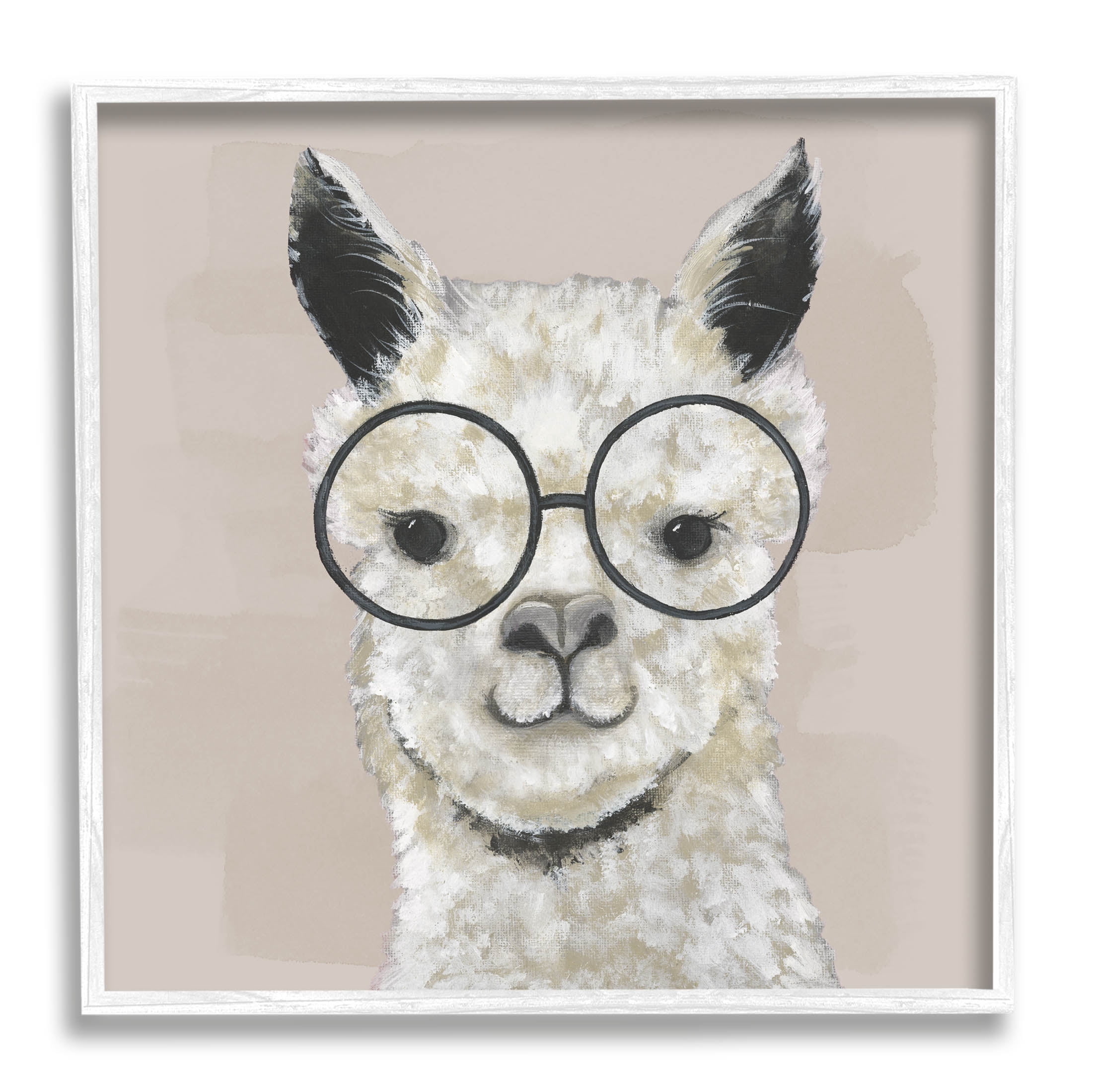 Stupell Industries Happy Alpaca Glasses Portrait Graphic Art White Framed Art Print Wall Art, Design by Tava Studios