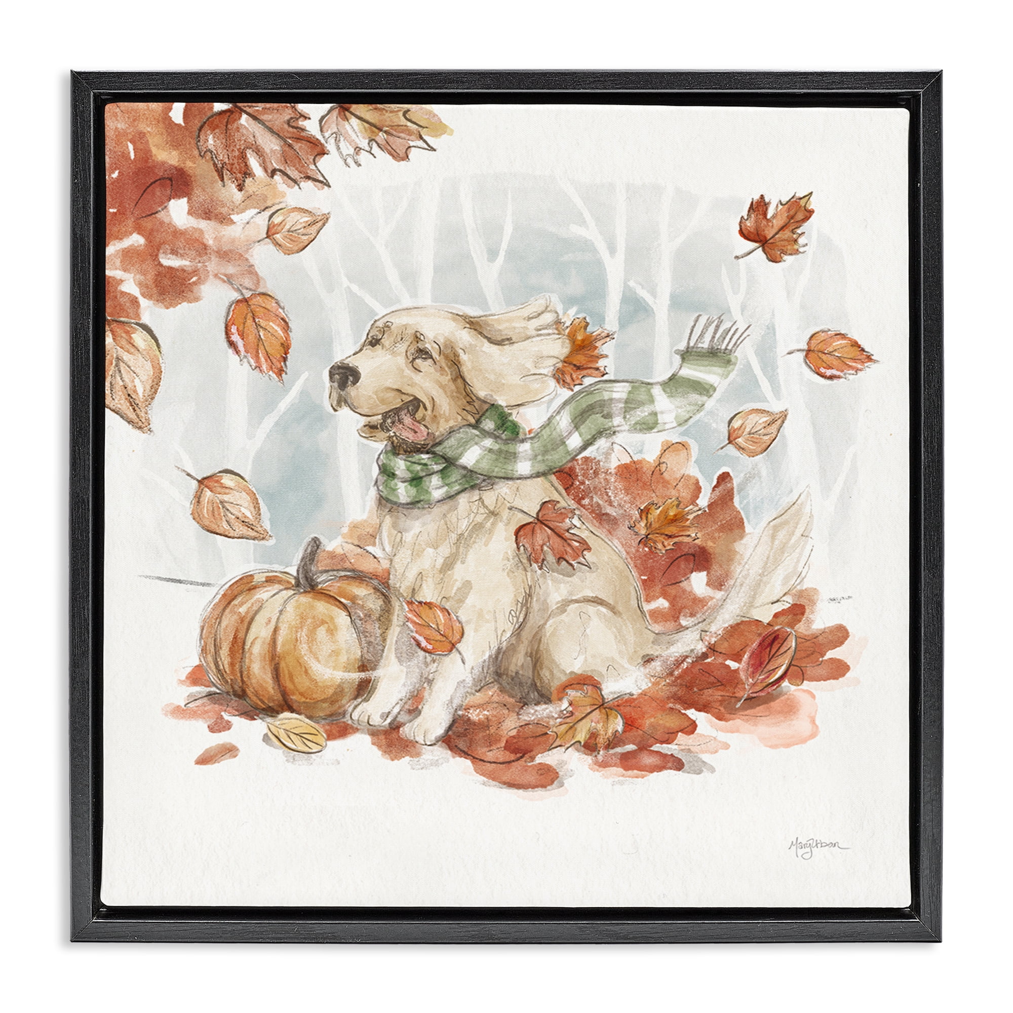 Stupell Industries Happy Autumn Labrador Holiday Painting Black Floater Framed Canvas Art Prints Wall Art, 25 x 25