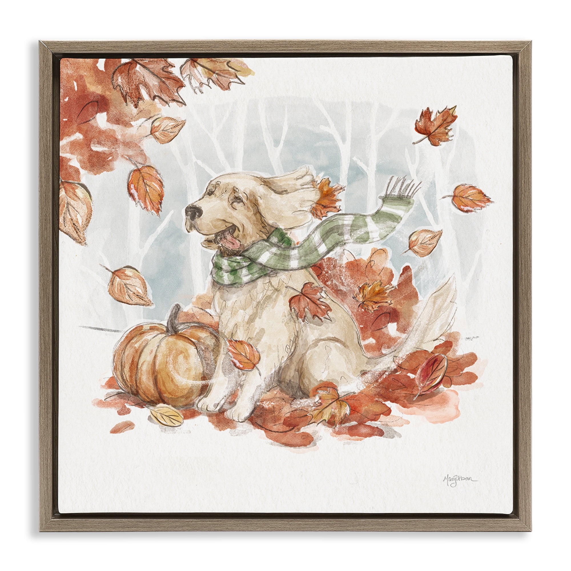 Stupell Industries Happy Autumn Labrador Holiday Painting Brown Floater Framed Canvas Art Prints Wall Art, 25 x 25