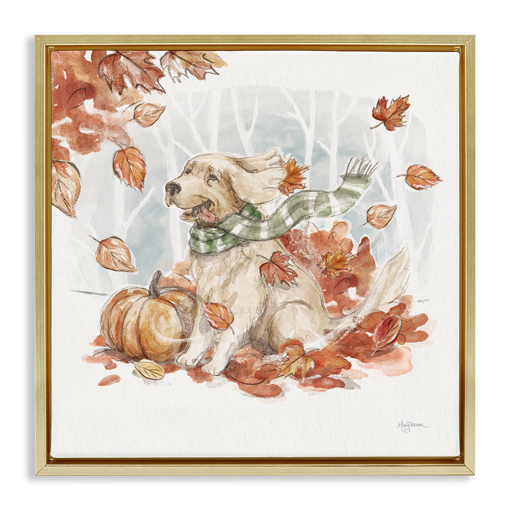 Stupell Industries Happy Autumn Labrador Holiday Painting Gold Floater Framed Canvas Art Prints Wall Art, 25 x 25