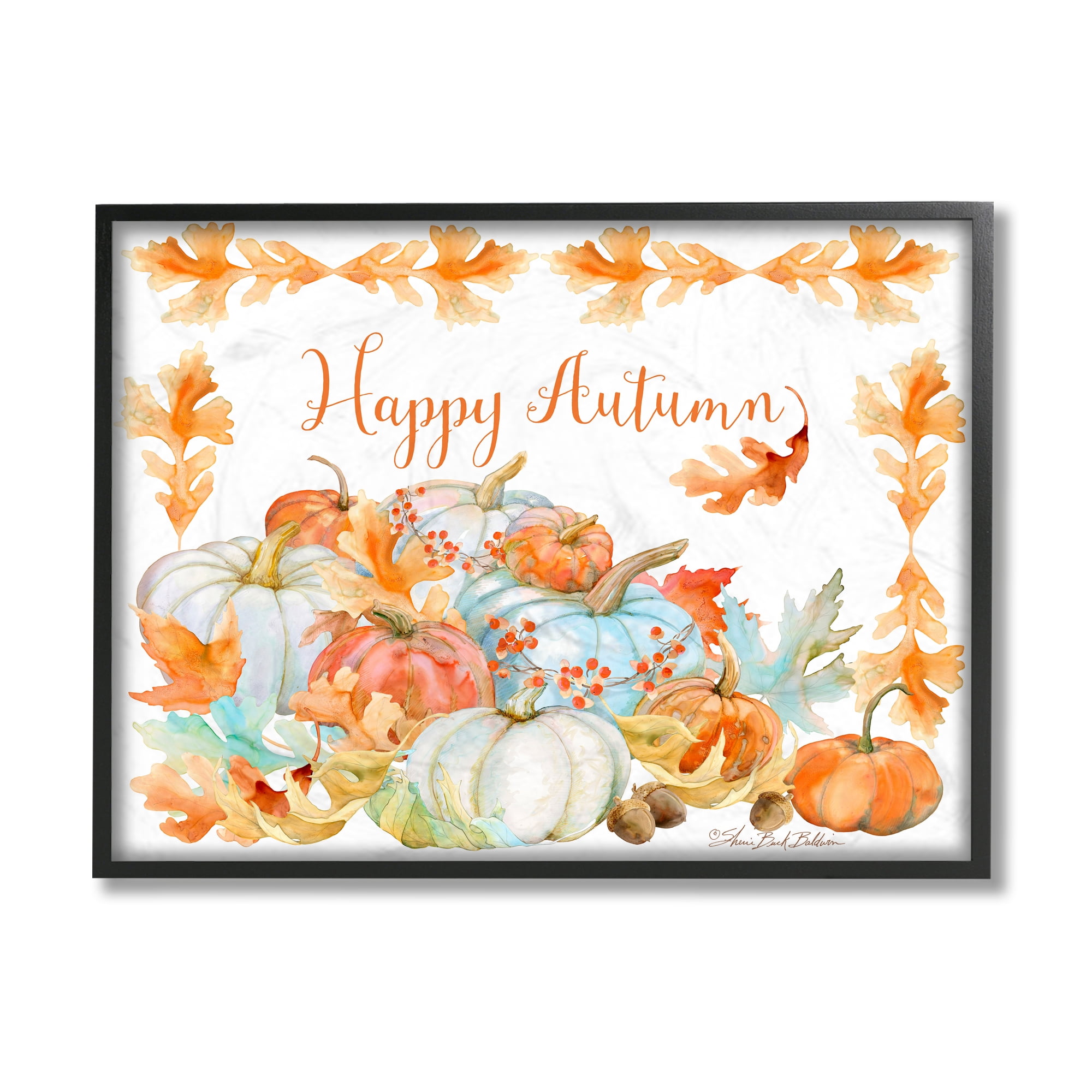 Stupell Industries Happy Autumn Phrase Pumpkin Harvest Foliage Border Typography Painting Black Framed Art Print Wall Art, 11 x 14