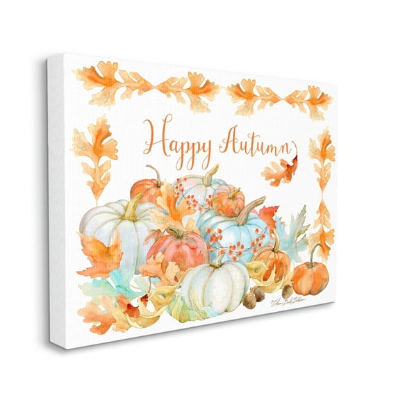 Stupell Industries Happy Autumn Phrase Pumpkin Harvest Foliage Border Typography Painting Gallery Wrapped Canvas Art Print Wall Art, 36 x 48