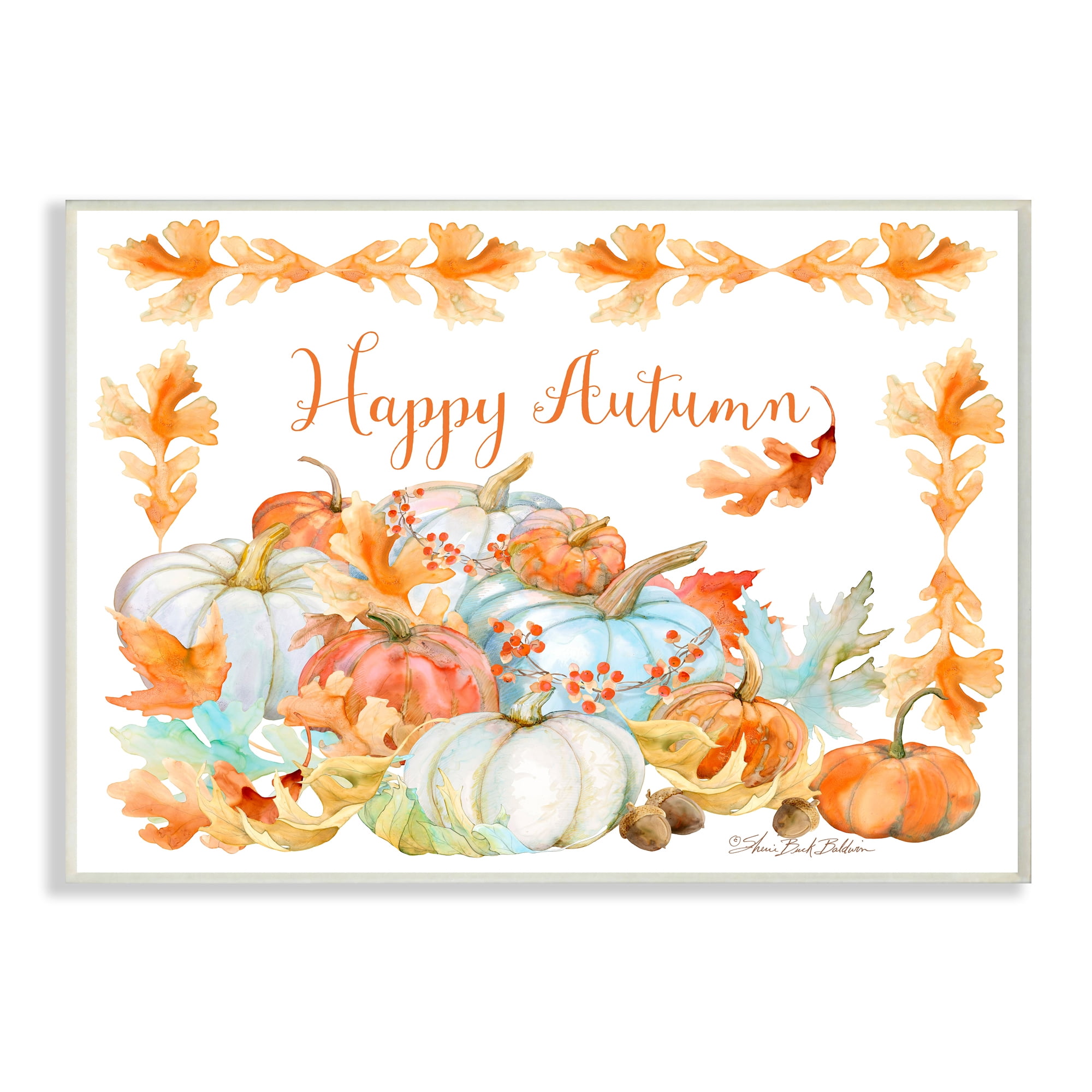 Stupell Industries Happy Autumn Phrase Pumpkin Harvest Foliage Border Typography Painting Wall Plaque Art Print Wall Art, 13 x 19