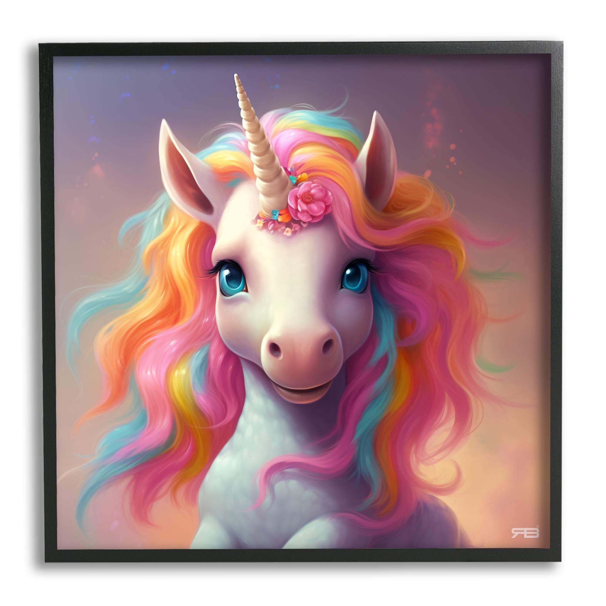 Stupell Industries Happy Baby Unicorn Fairy Tales & Fantasy Painting Black Framed Art Print Wall Art, 17 x 17
