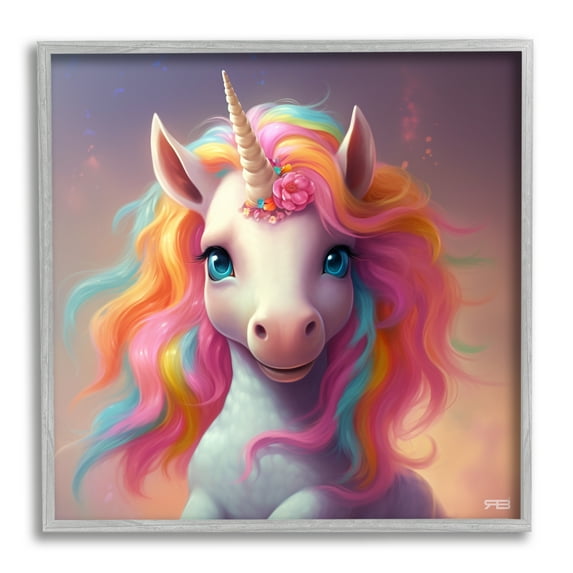 Stupell Industries Happy Baby Unicorn Fairy Tales & Fantasy Painting Gray Framed Art Print Wall Art, 24 x 24