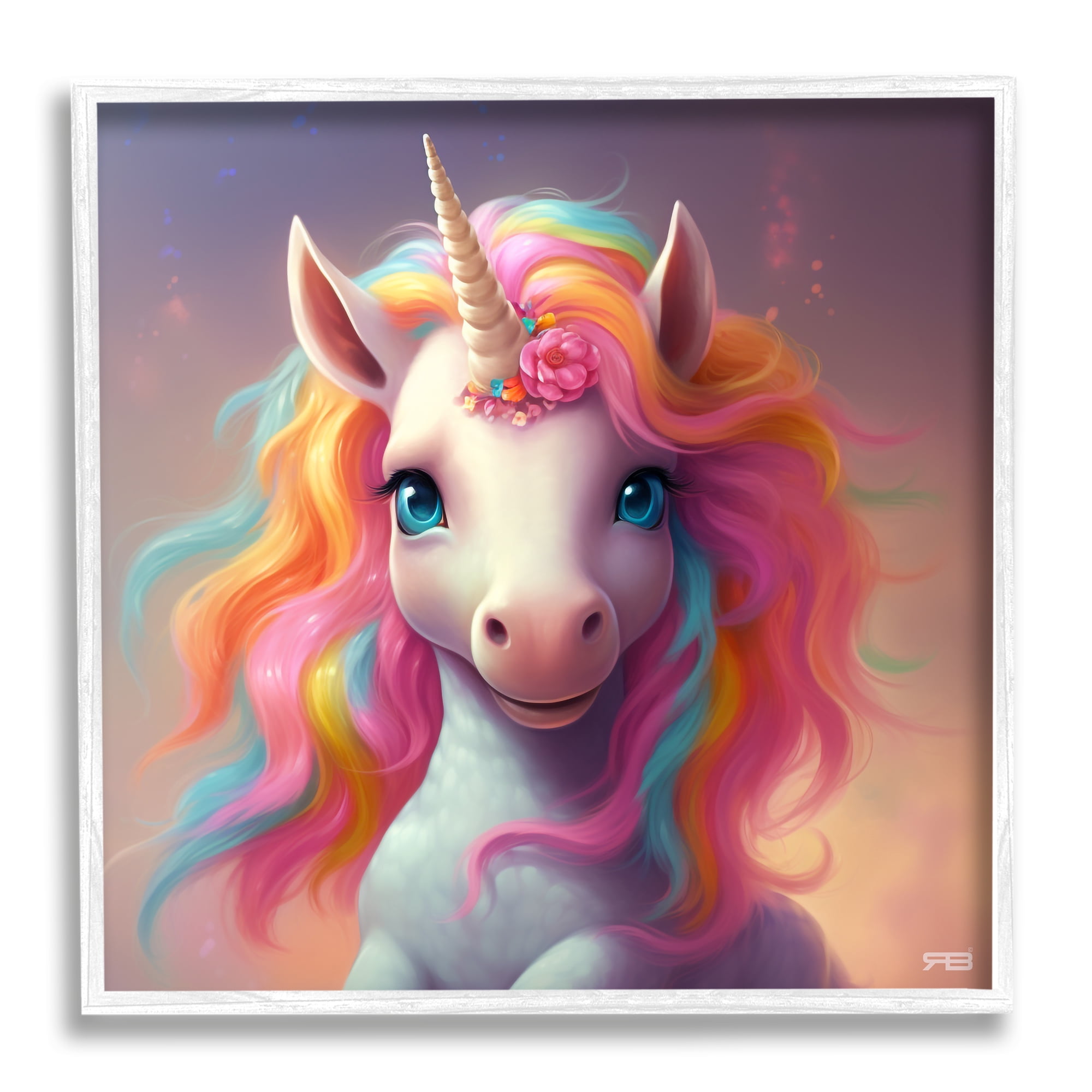 Stupell Industries Happy Baby Unicorn Fairy Tales & Fantasy Painting White Framed Art Print Wall Art, 17 x 17