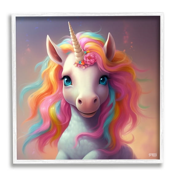 Stupell Industries Happy Baby Unicorn Fairy Tales & Fantasy Painting White Framed Art Print Wall Art, 24 x 24