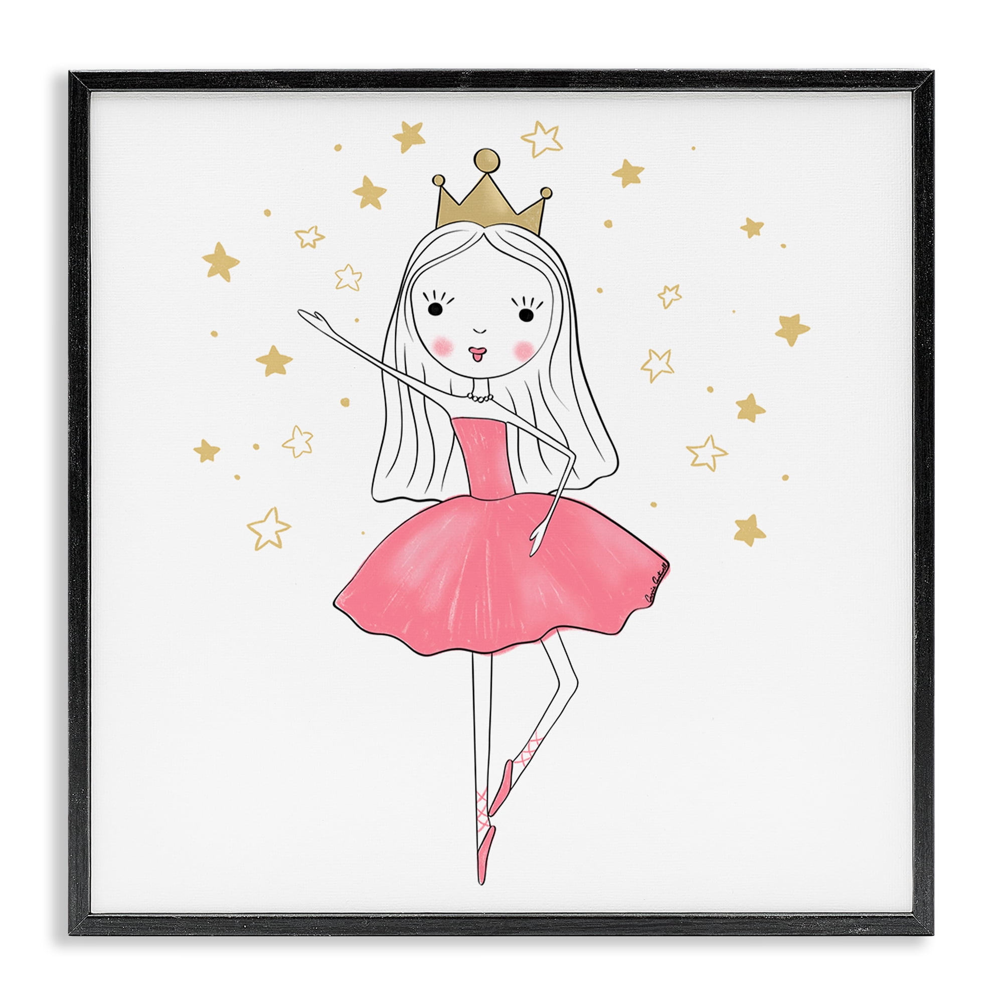Stupell Industries Happy Ballerina Princess People Painting Black Framed Art Print Wall Art, 12 x 12