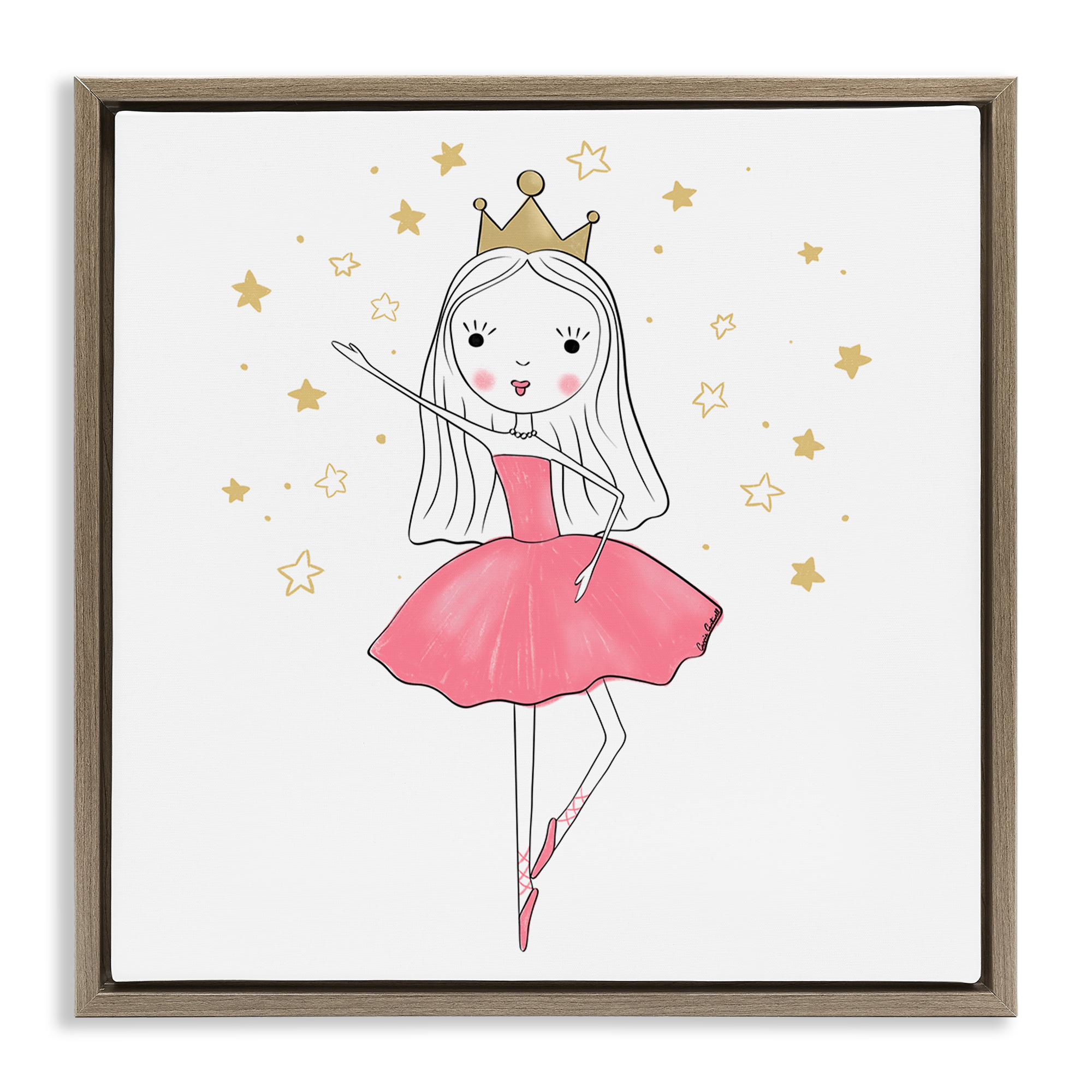 Stupell Industries Happy Ballerina Princess People Painting Brown Floater Framed Canvas Art Print Wall Art, 25 x 25