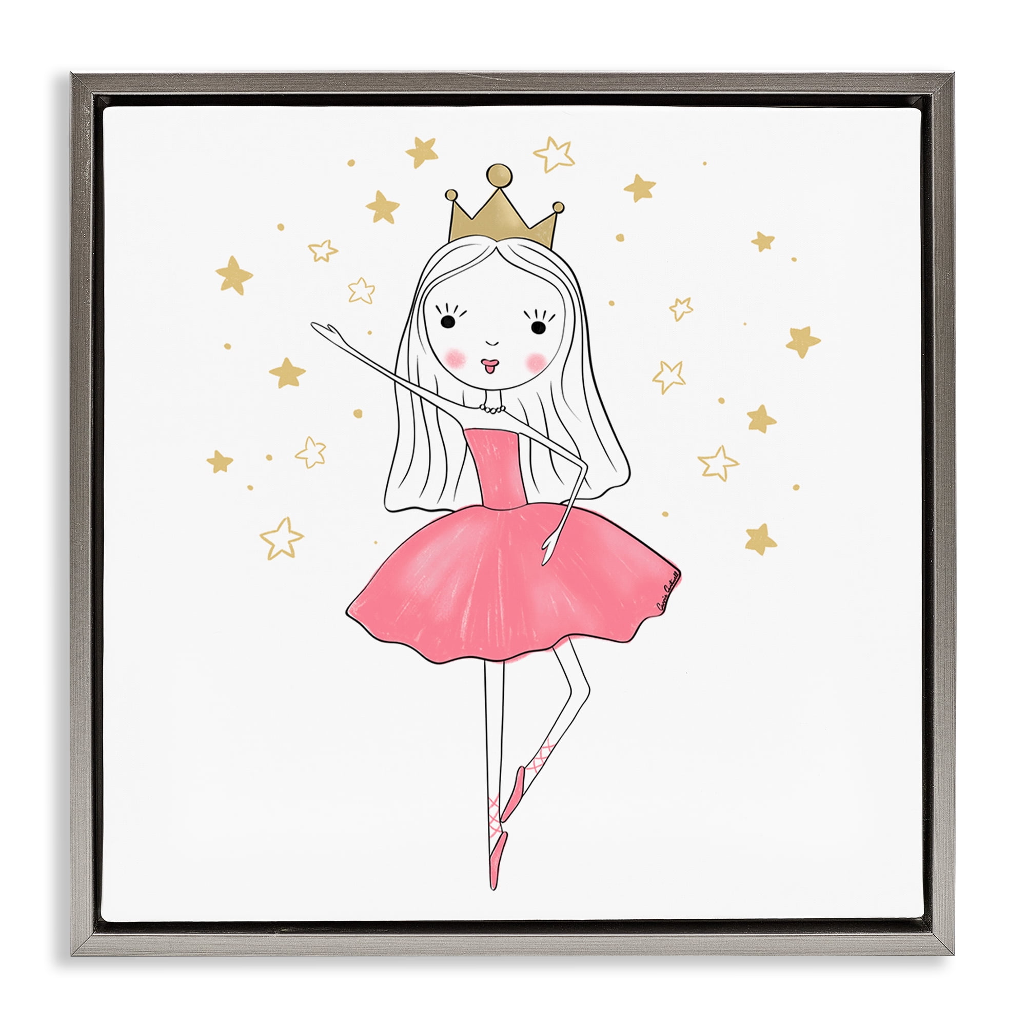 Stupell Industries Happy Ballerina Princess People Painting Gray Floater Framed Canvas Art Print Wall Art, 18 x 18