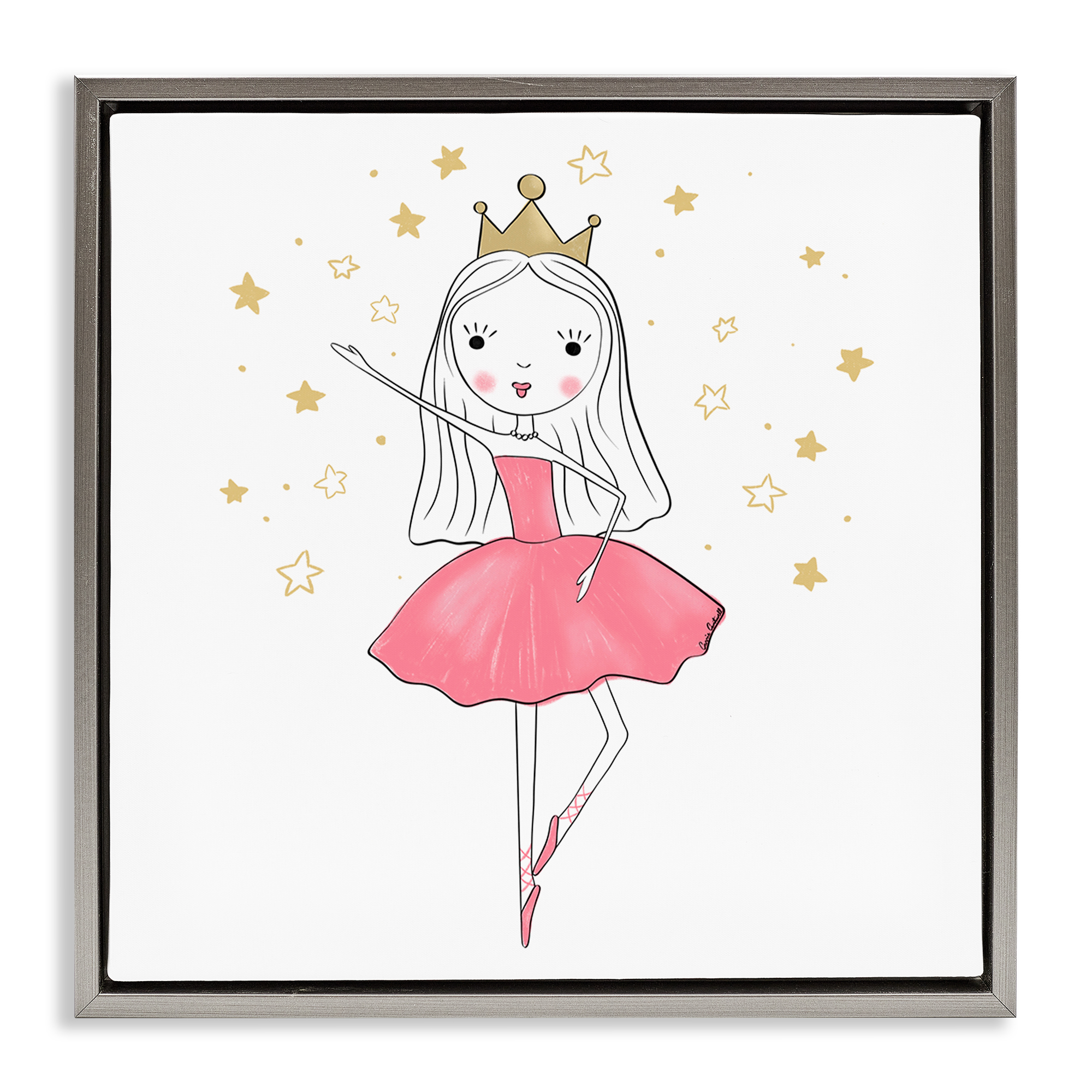 Stupell Industries Happy Ballerina Princess People Painting Gray Floater Framed Canvas Art Print Wall Art, 25 x 25