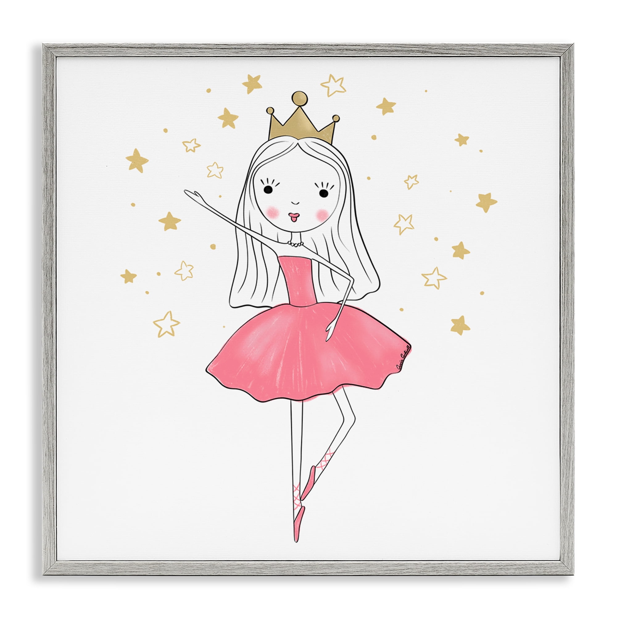 Stupell Industries Happy Ballerina Princess People Painting Gray Framed Art Print Wall Art, 12 x 12