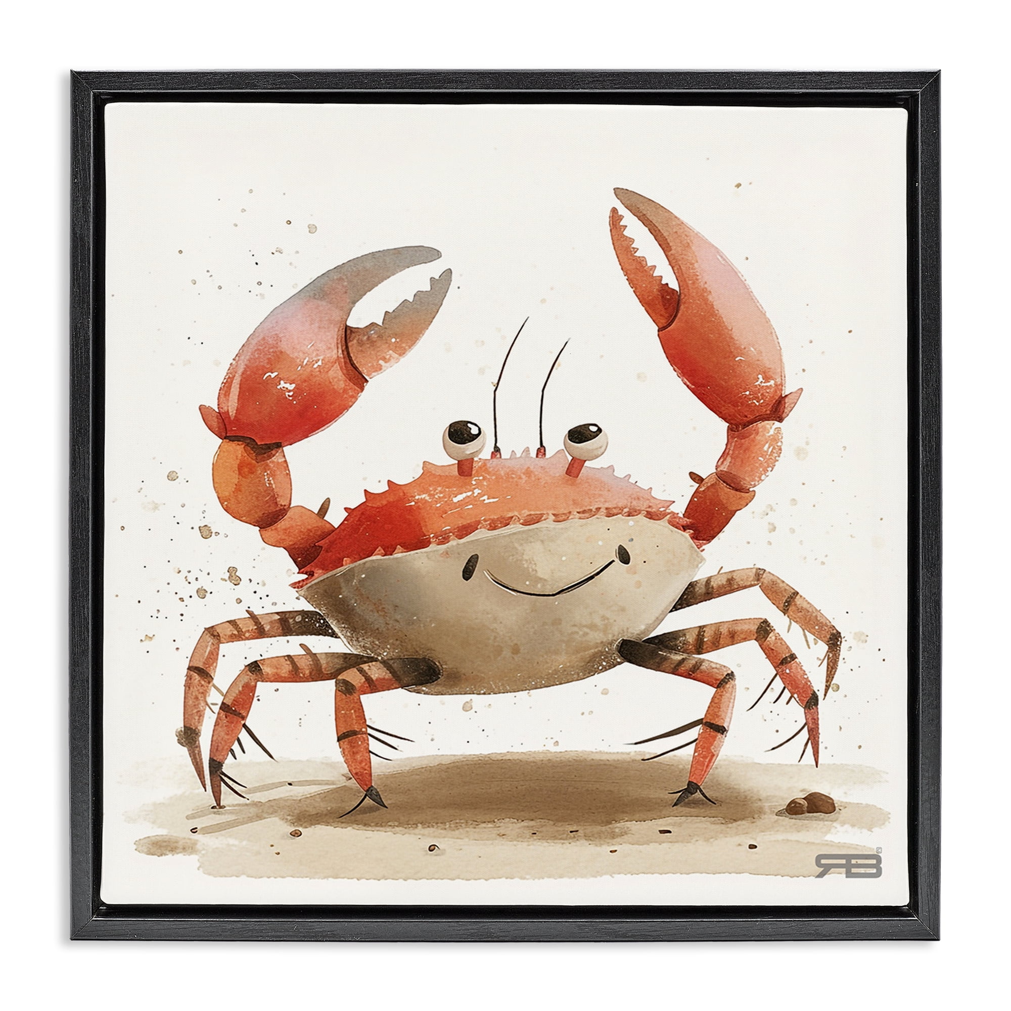Stupell Industries Happy Beach Crab Animals Painting Black Floater Framed Canvas Art Print Wall Art, 25 x 25