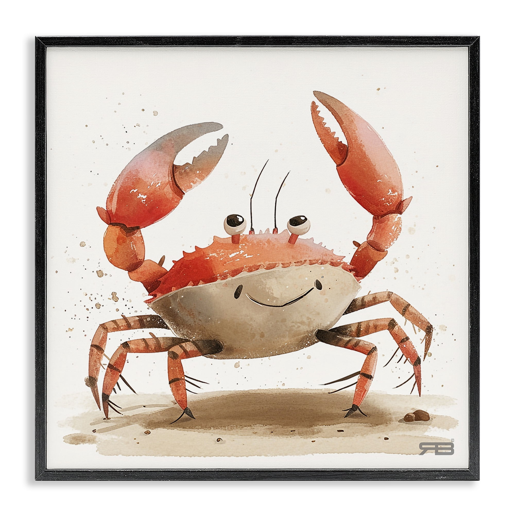 Stupell Industries Happy Beach Crab Animals Painting Black Framed Art Print Wall Art, 24 x 24