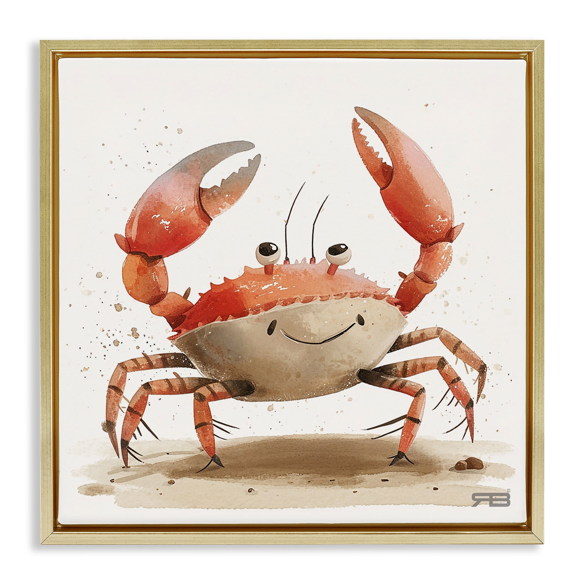 Stupell Industries Happy Beach Crab Animals Painting Gold Floater Framed Canvas Art Print Wall Art, 25 x 25