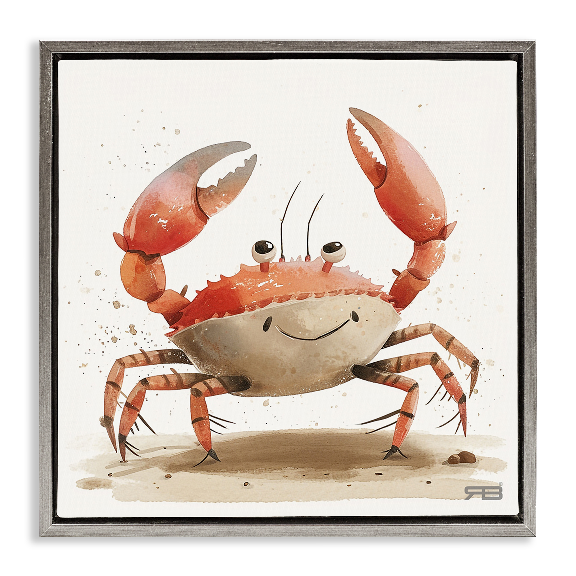 Stupell Industries Happy Beach Crab Animals Painting Gray Floater Framed Canvas Art Print Wall Art, 18 x 18