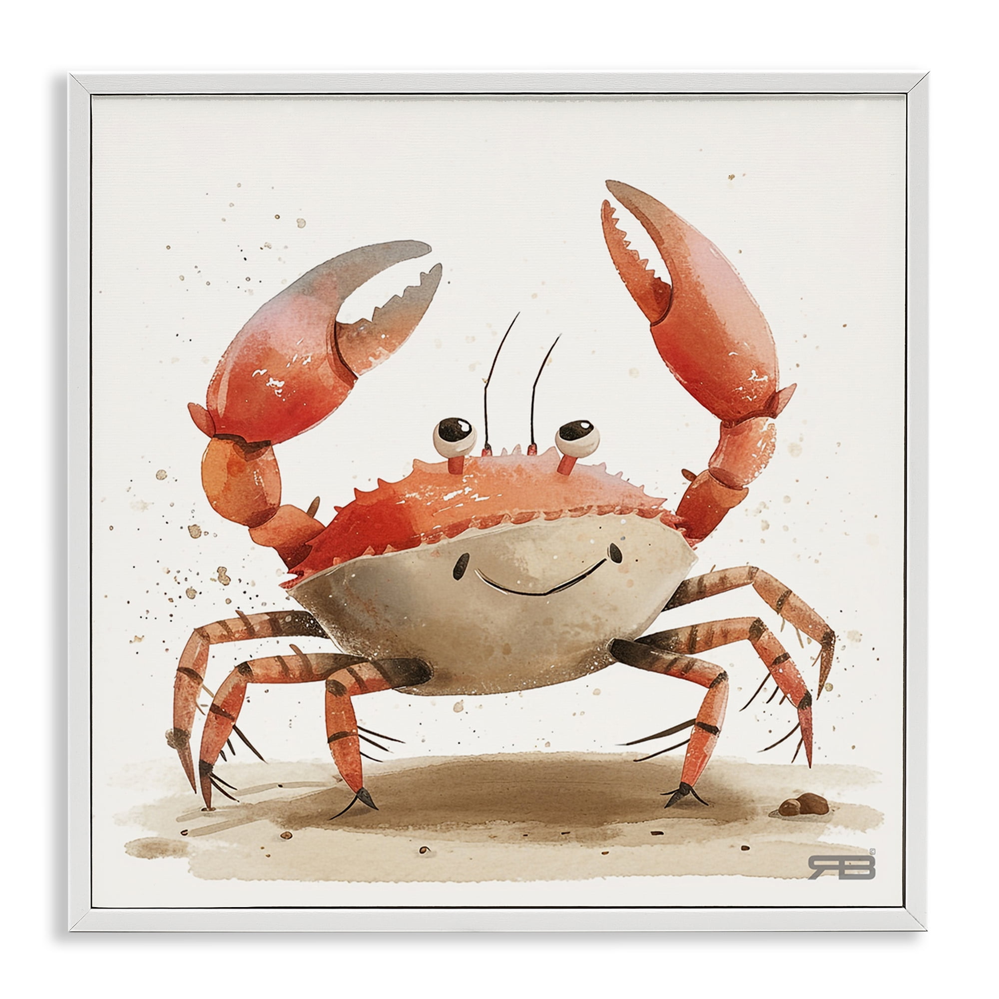 Stupell Industries Happy Beach Crab Animals Painting White Framed Art Print Wall Art, 17 x 17