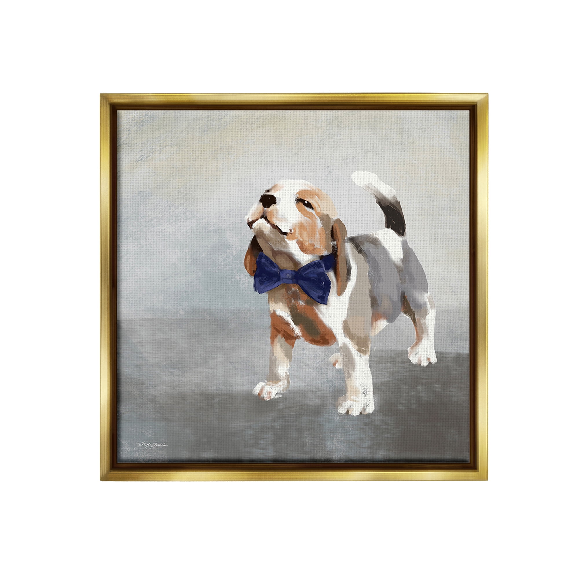 Stupell Industries Happy Beagle in Bowtie Animals & Insects Painting Gold Floater Framed Canvas Art Print Wall Art, 18 x 18