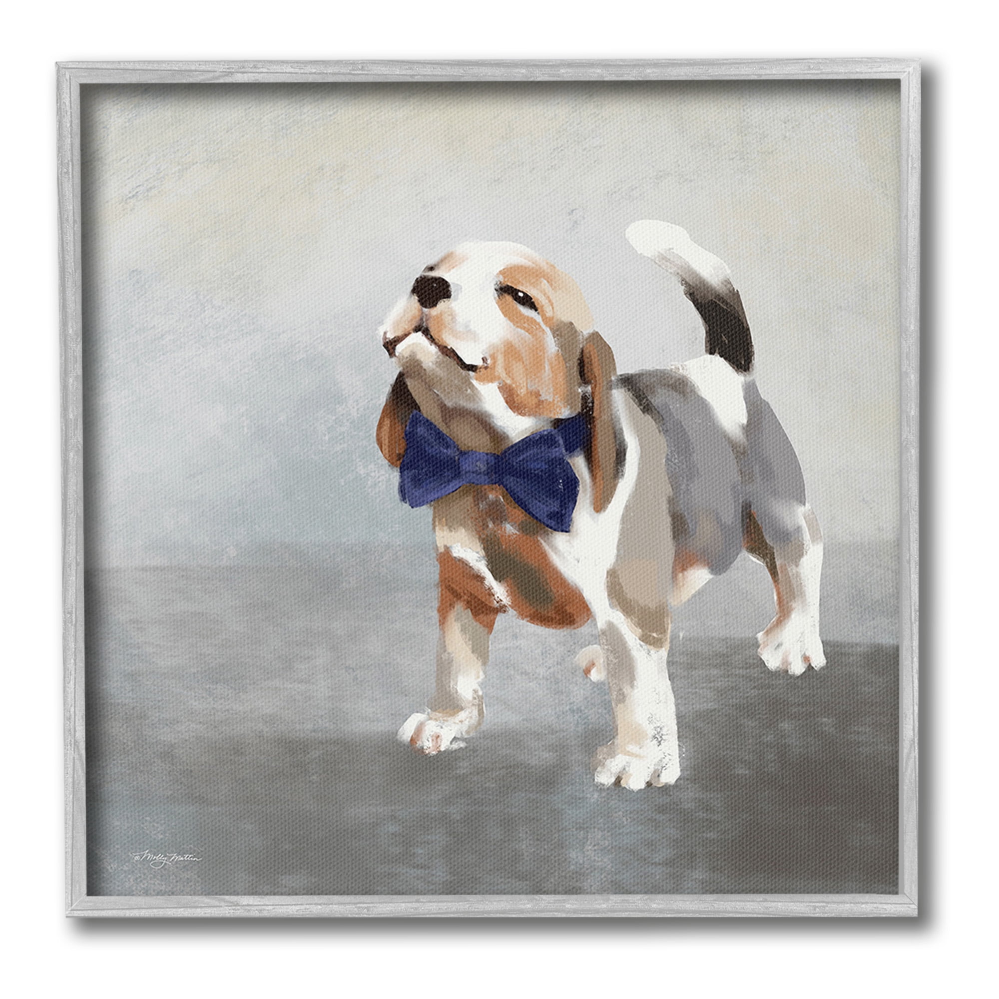 Stupell Industries Happy Beagle in Bowtie Animals & Insects Painting Gray Framed Art Print Wall Art, 17 x 17