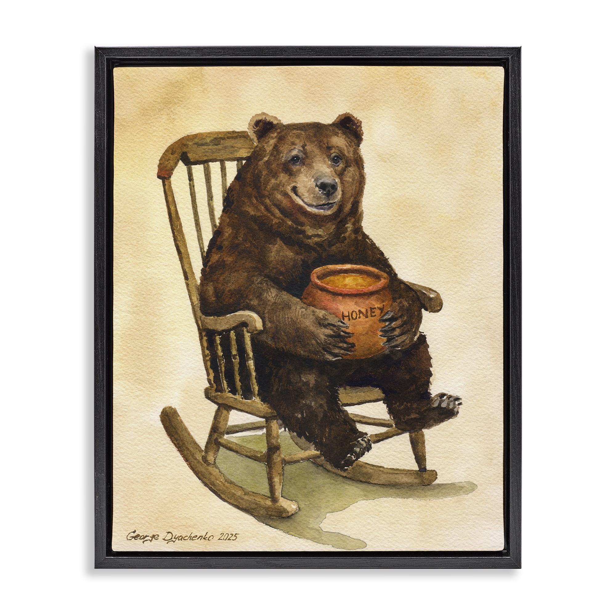 Stupell Industries Happy Bear & Pot of Honey Black Framed Floater Canvas Wall Art, design by George Dyachenko