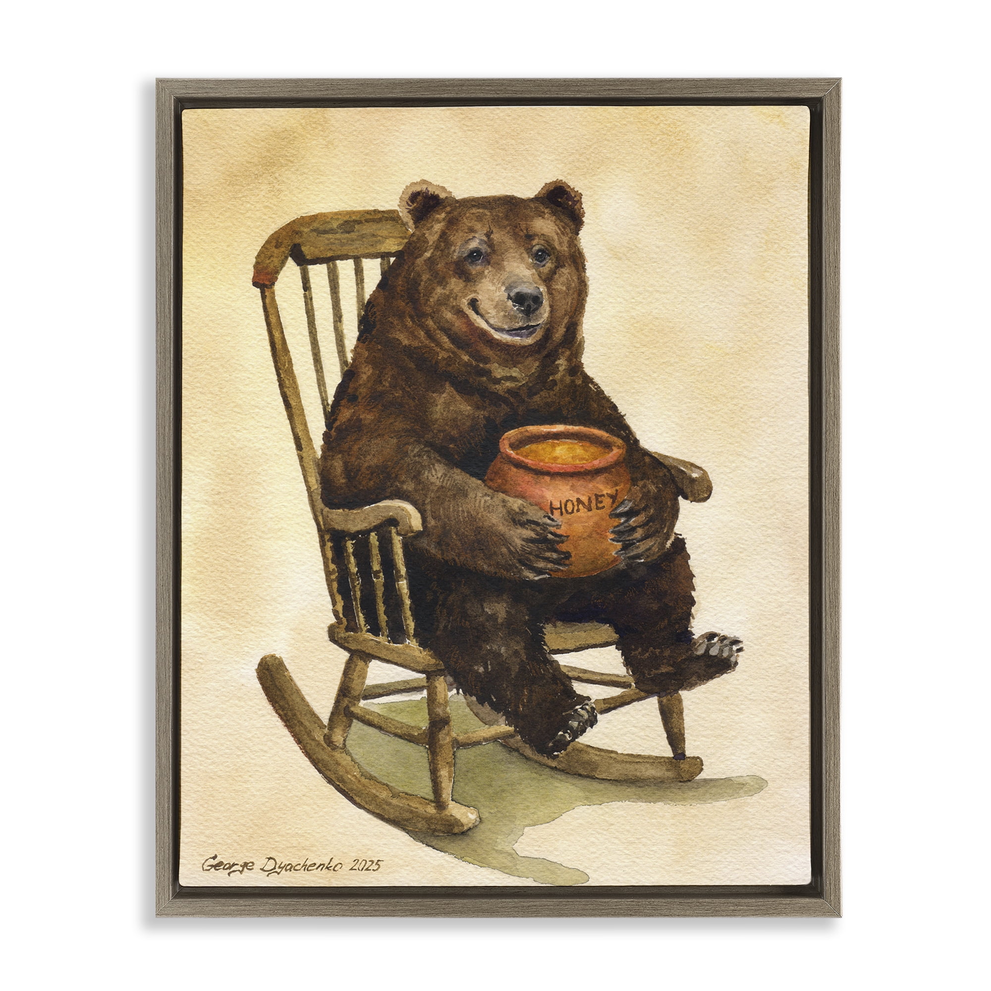 Stupell Industries Happy Bear & Pot of Honey Brown Framed Floater Canvas Wall Art, design by George Dyachenko