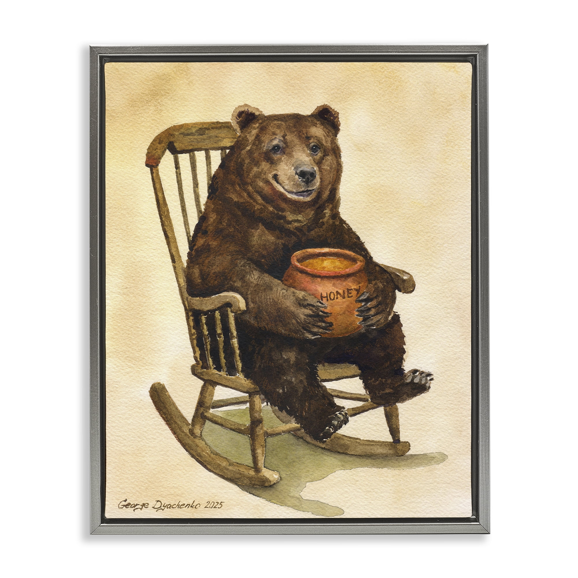 Stupell Industries Happy Bear & Pot of Honey Gray Framed Floater Canvas Wall Art, design by George Dyachenko