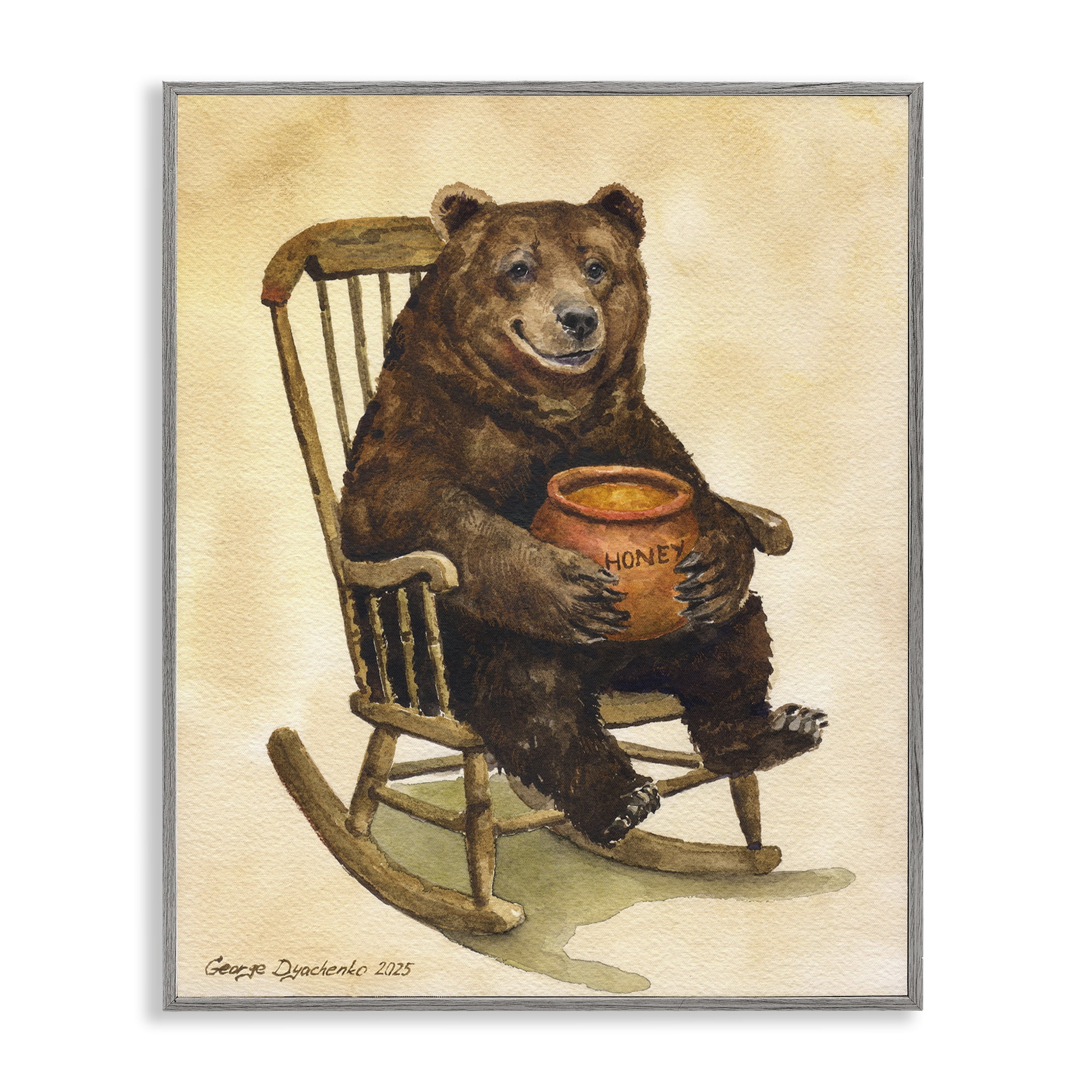 Stupell Industries Happy Bear & Pot of Honey Gray Framed Giclee Art, design by George Dyachenko